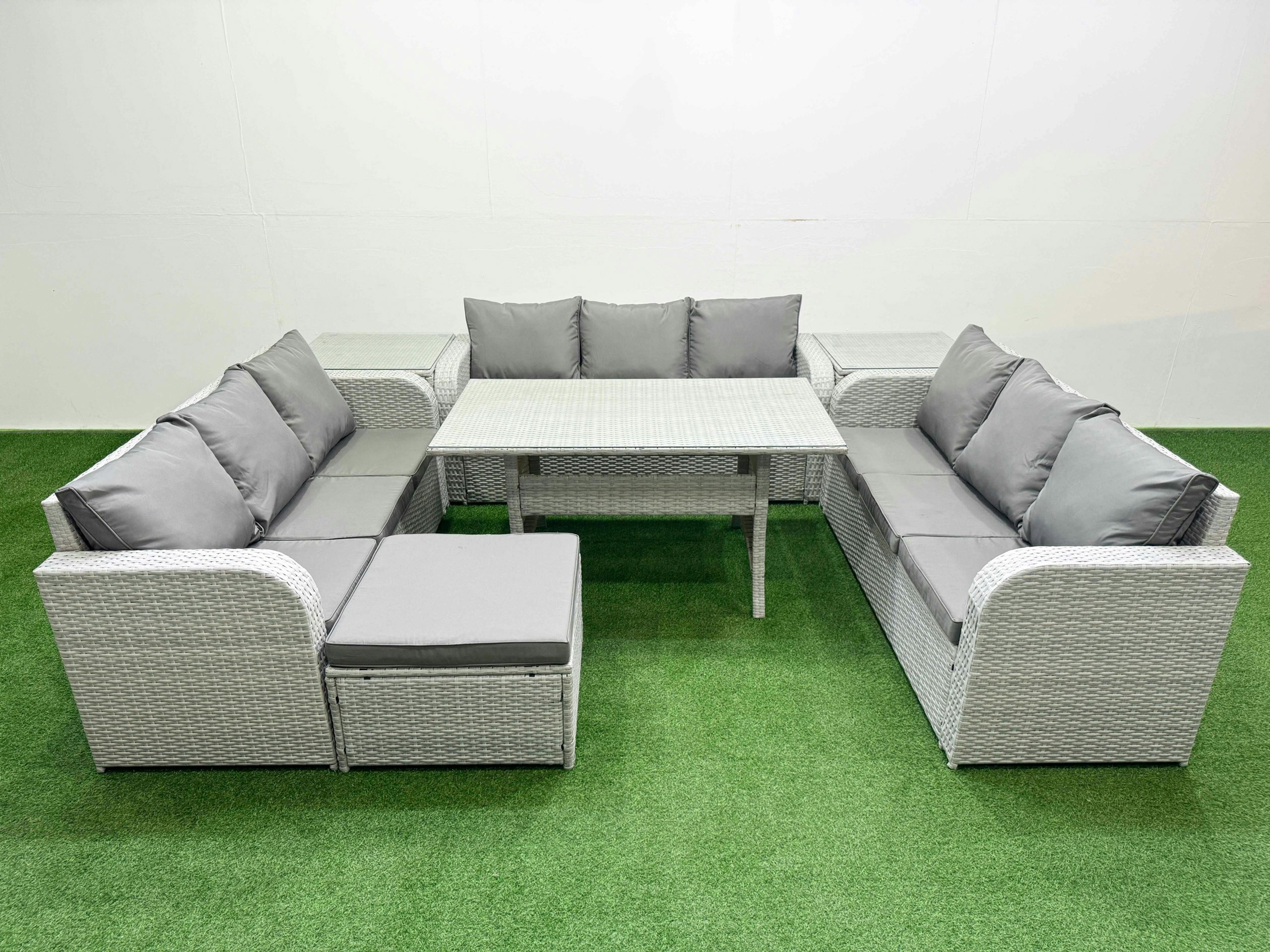 Fimous Light/Grey 10-Seater Pe Rattan Outdoor Lounge Sofa Set | Rectangular Dining Table, 3-Seater Sofa, Footstool, 2 Side Tables |