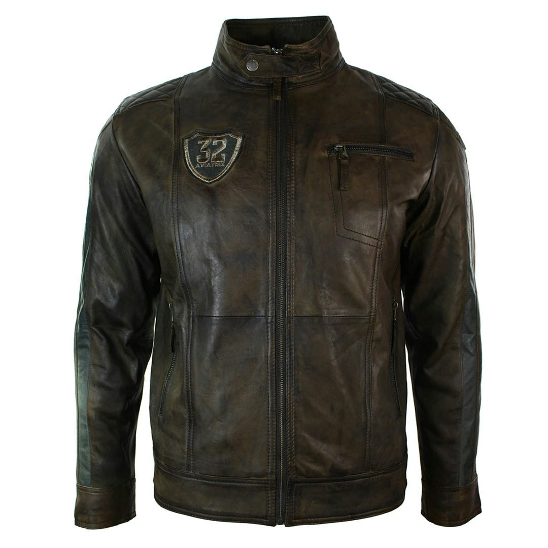 Aviatrix Men's Brown Antique Biker Leather Jacket - Small