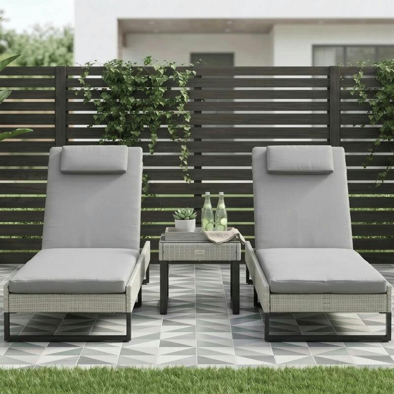 Outsunny Unisex Light Grey Rattan Sun Lounger Set W/ Cushions, 5-Level Chaise Lounge Chairs In Small - Image 4