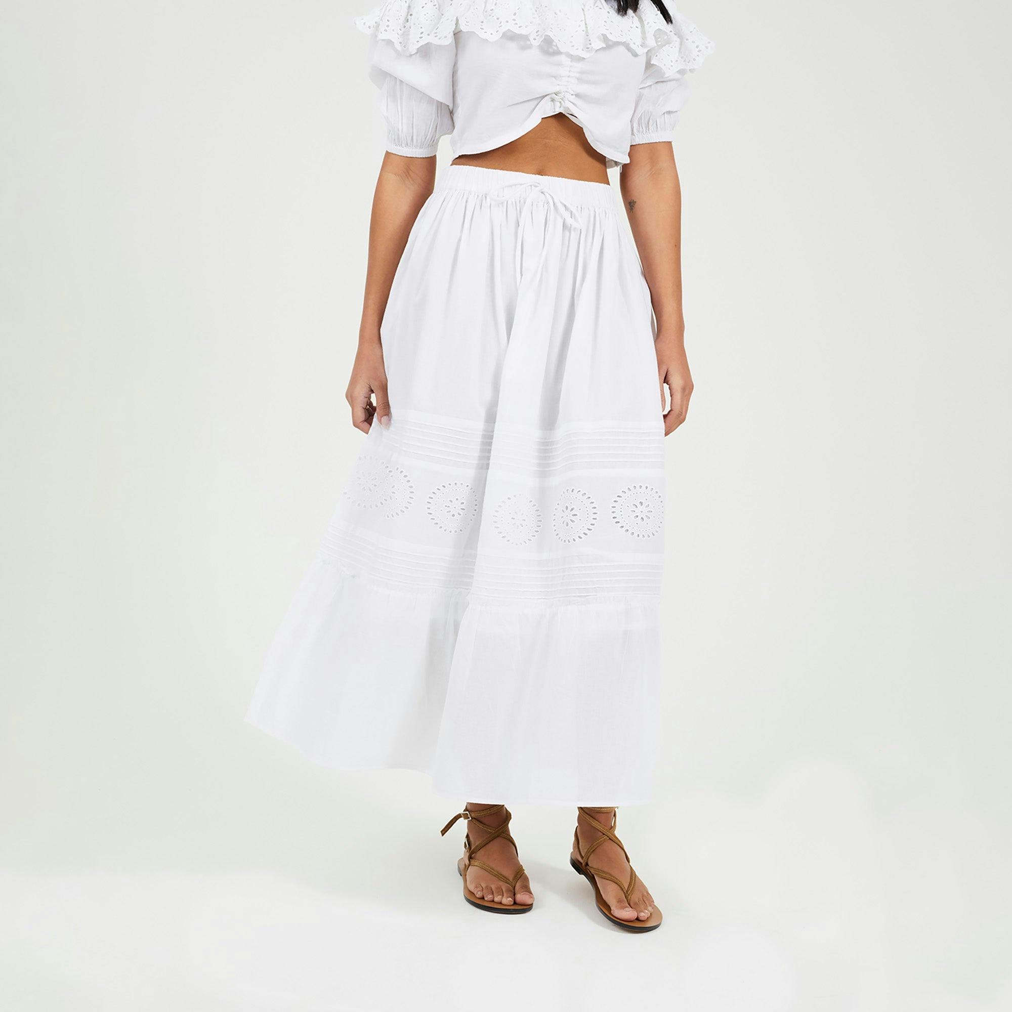 Brave Soul White Tiered Maxi Skirt With Embroidery - L