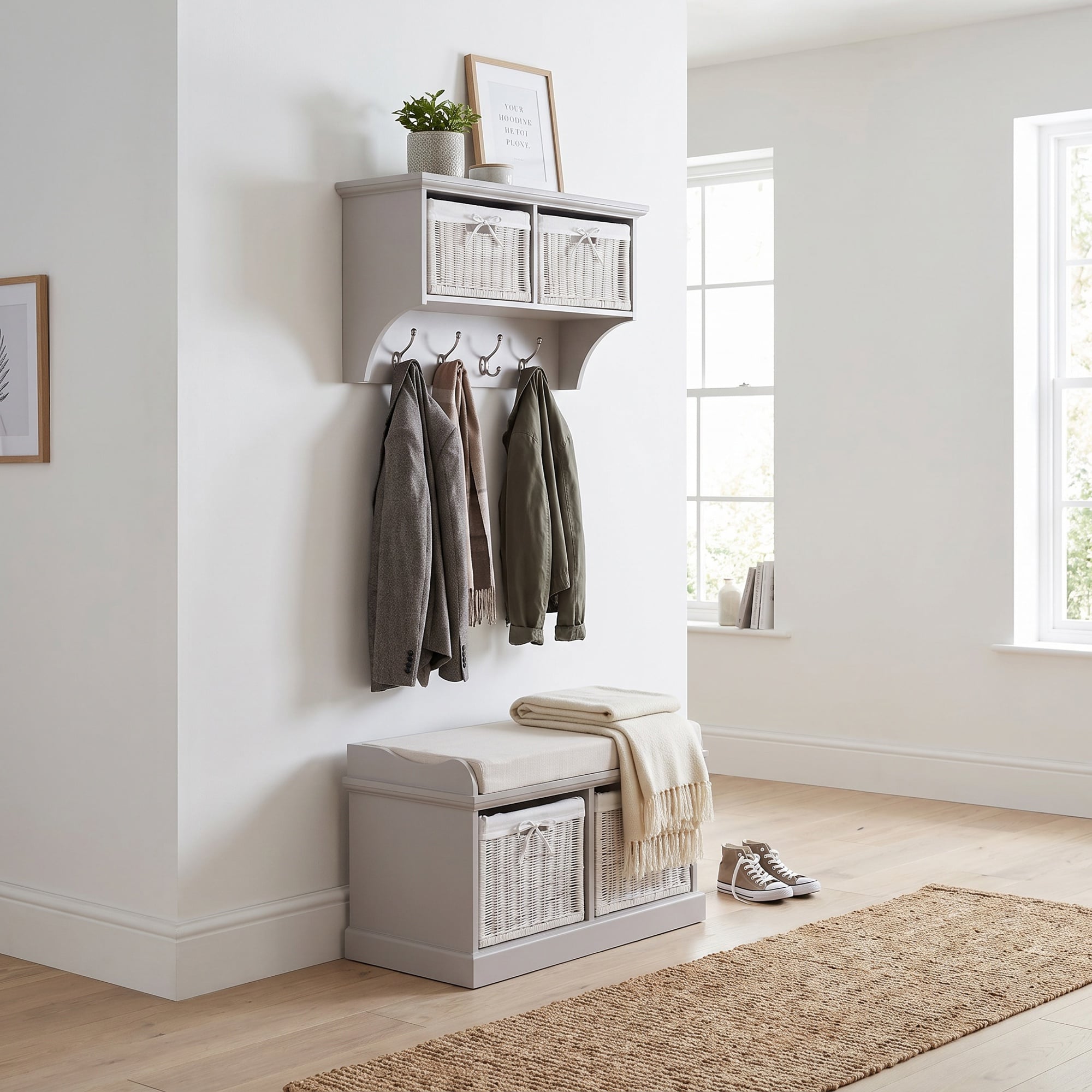 Rackhams Beige Tetbury Small Hallway Set With Storage Baskets And Cushion Seat - Truffle,