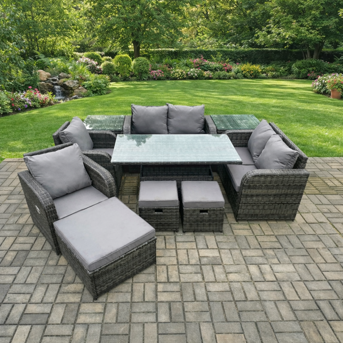 Fimous Dark/Grey 9 Seater Rattan Garden Furniture Set With Height Adjustable Dining Table, 2 Chairs, 2 Sofas, 2 Side Tables & 3 Footstools