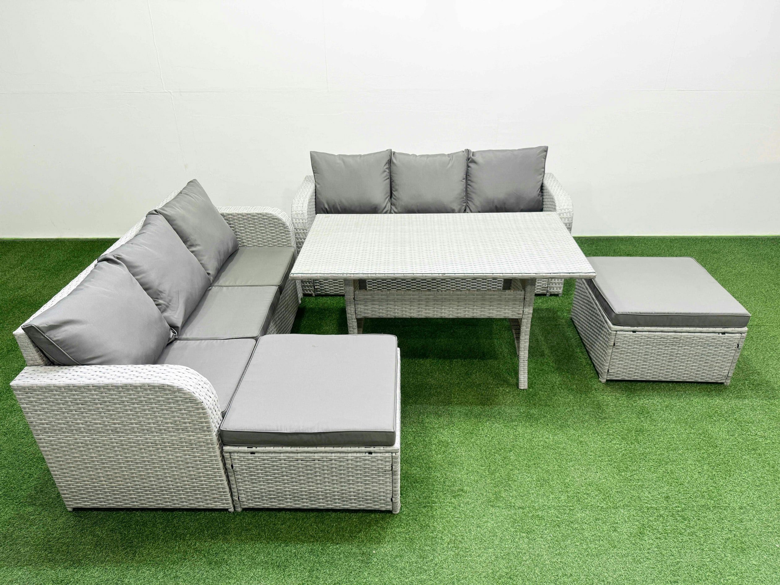 Rackhams Light/Grey 8 Seater Rattan Outdoor Sofa Set - Wicker With Rectangular Dining Table, High Back Lounge Sofa & 2 Footstools