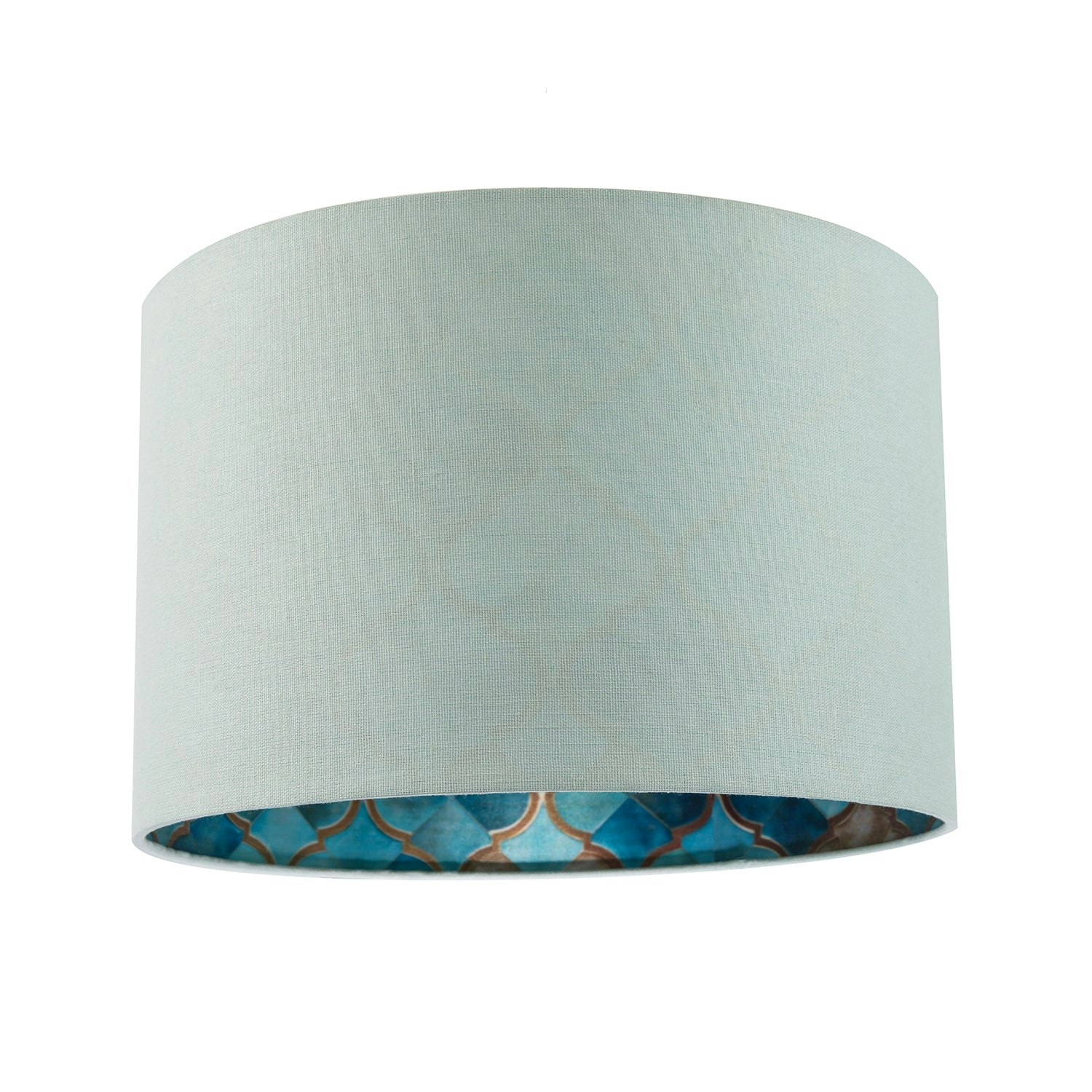 Rackhams Blue/Gold Designer Duck Egg Linen Lamp Shade With Moroccan Scale Pattern Lining