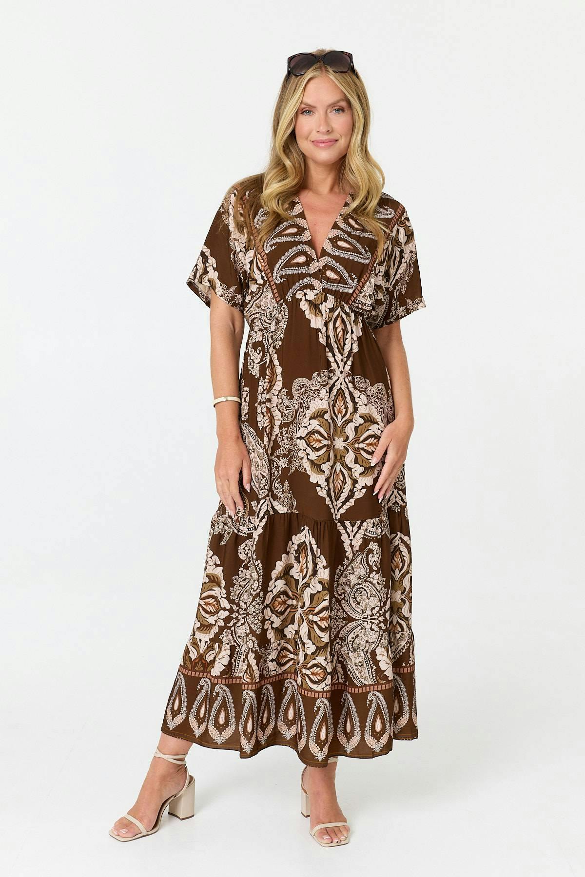 Izabel London Brown Paisley Relaxed 1/2 Sleeve Maxi Dress - S