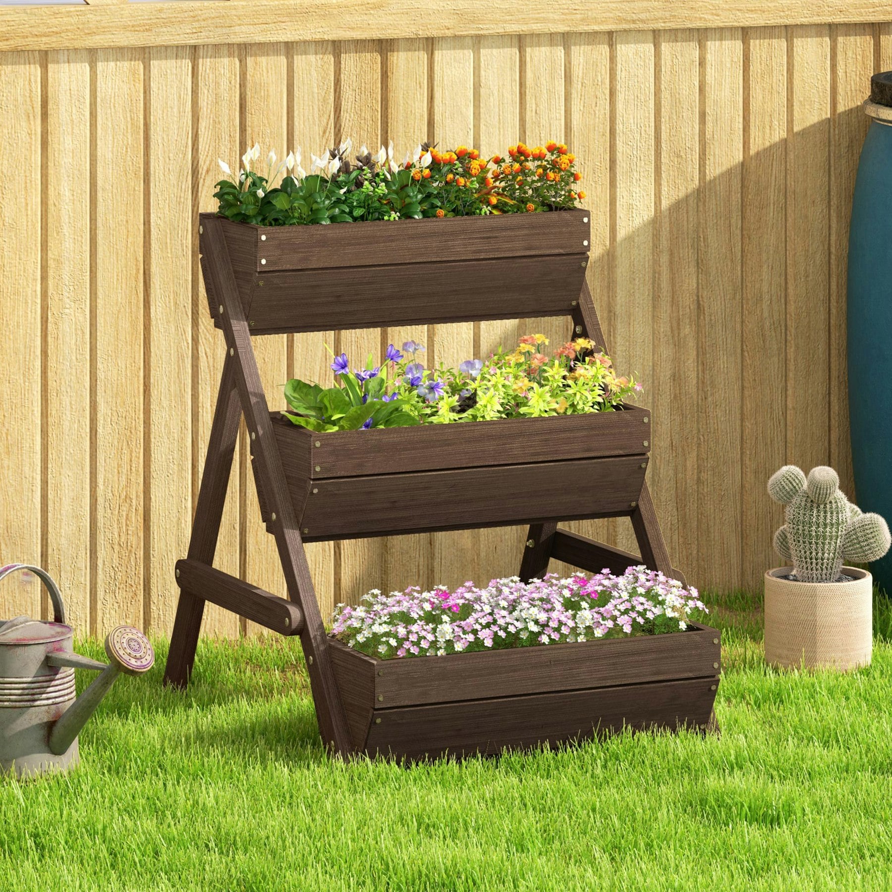Outsunny Brown 3 Tier Raised Garden Bed Wooden Elevated Planter Box Kit, - Tan