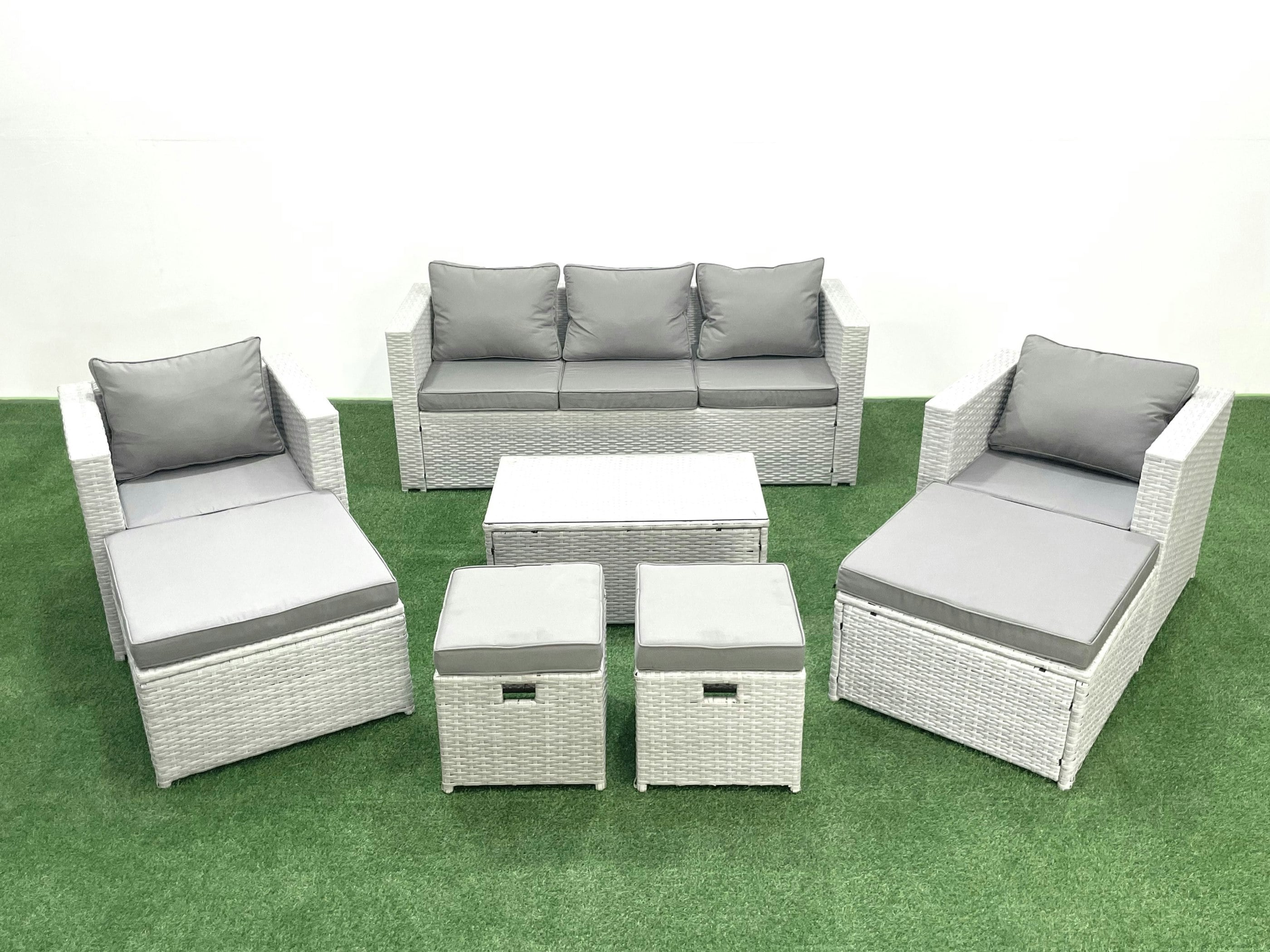 Rackhams Light/Grey 8 Pieces Rattan Garden Furniture Set Outdoor Garden Sofa Chair Coffee Table Set With 4 Footstools Mixed