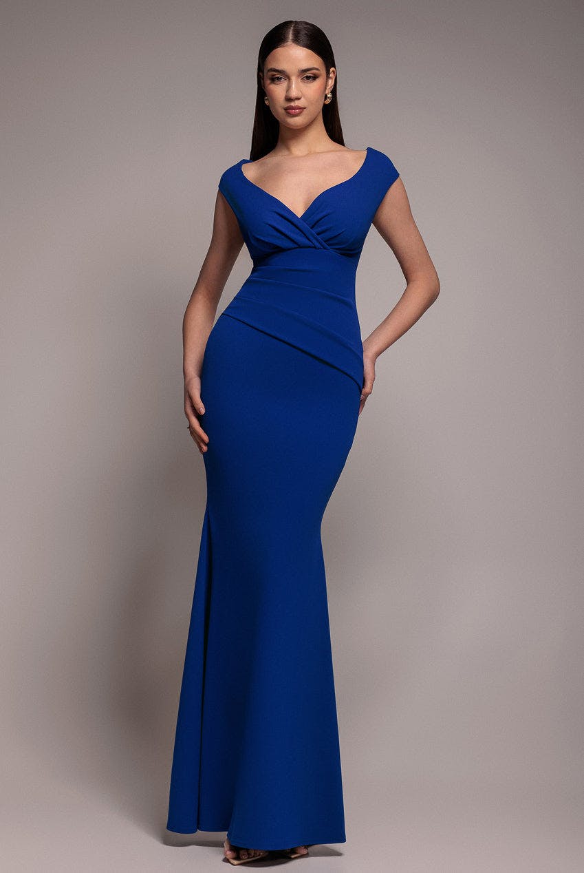 Goddiva Blue Bardot Pleated Maxi Dress - Royal By - Royal - 16