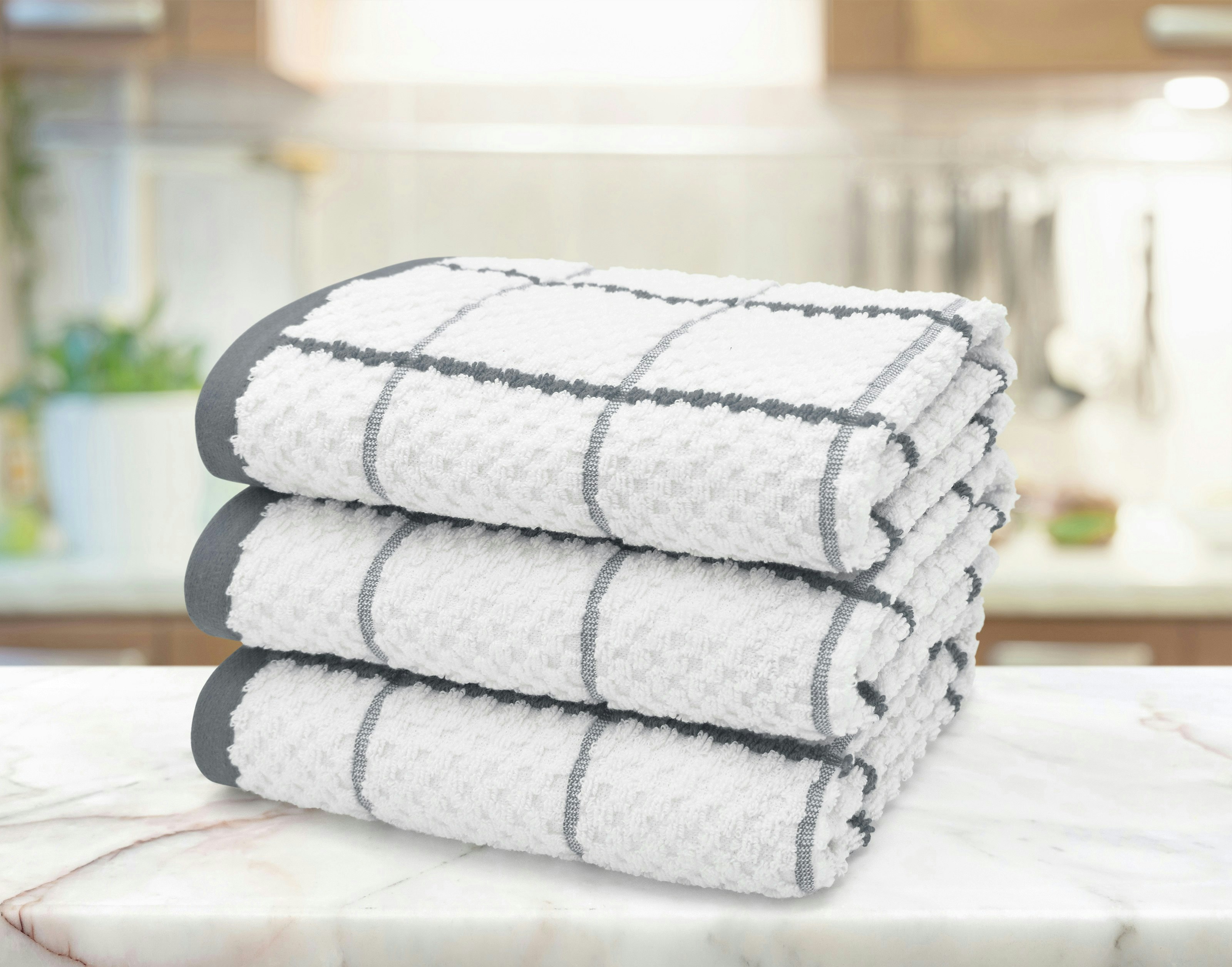 Rackhams Grey Embroiderd Woven Checked Cotton Tea Towel 3 Pack - One Size