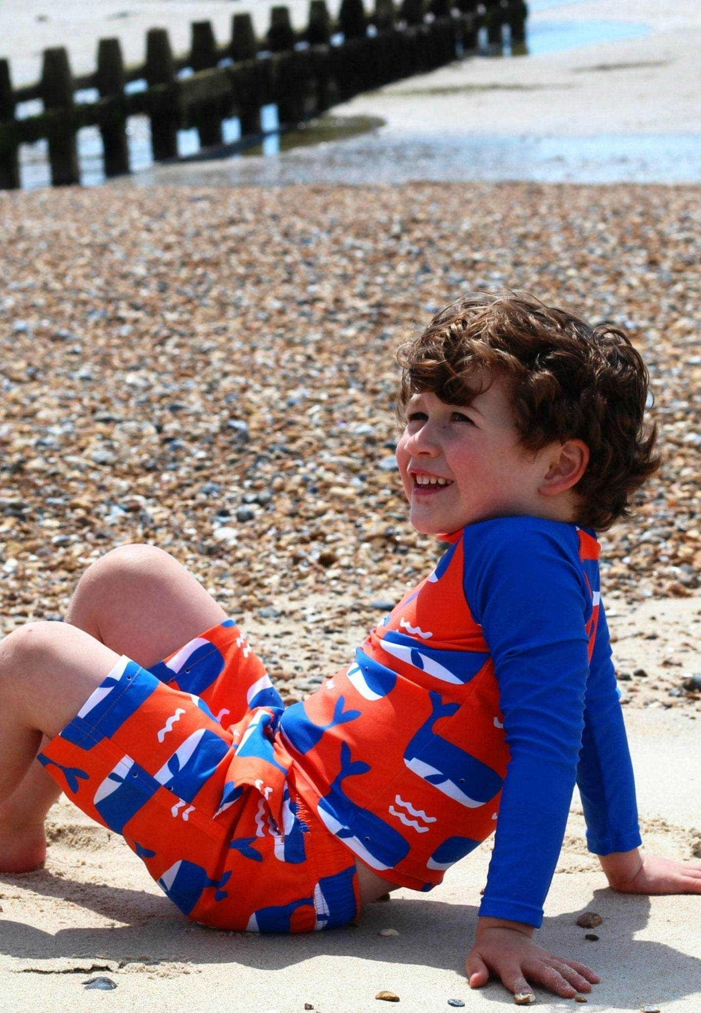 Toby Tiger Orange/Blue Whale Waves Print Kids' Rash Vest - 3-4Y / 104Cm