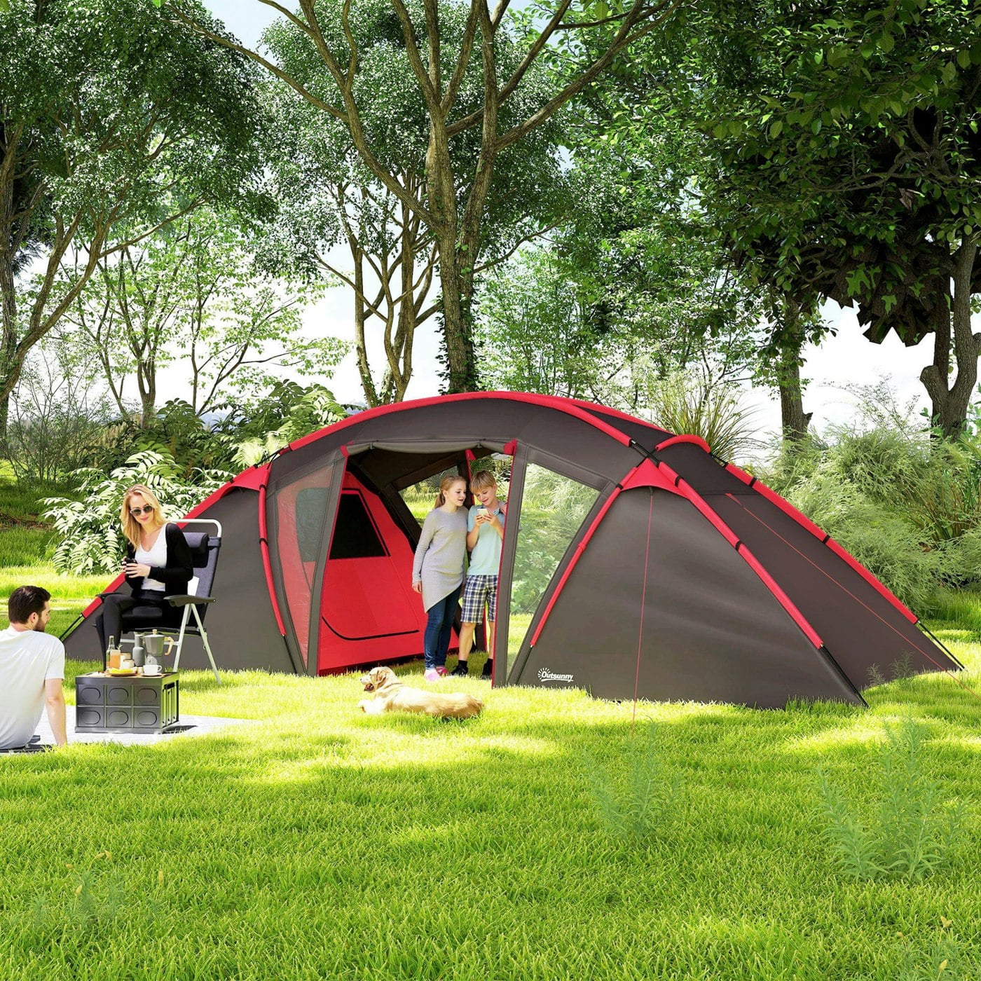 Outsunny Grey 4-6 Man Family Camping Tent W/ 2 Bedrooms, A Living Room, - 6.15W X 2.35D X 1.95H M