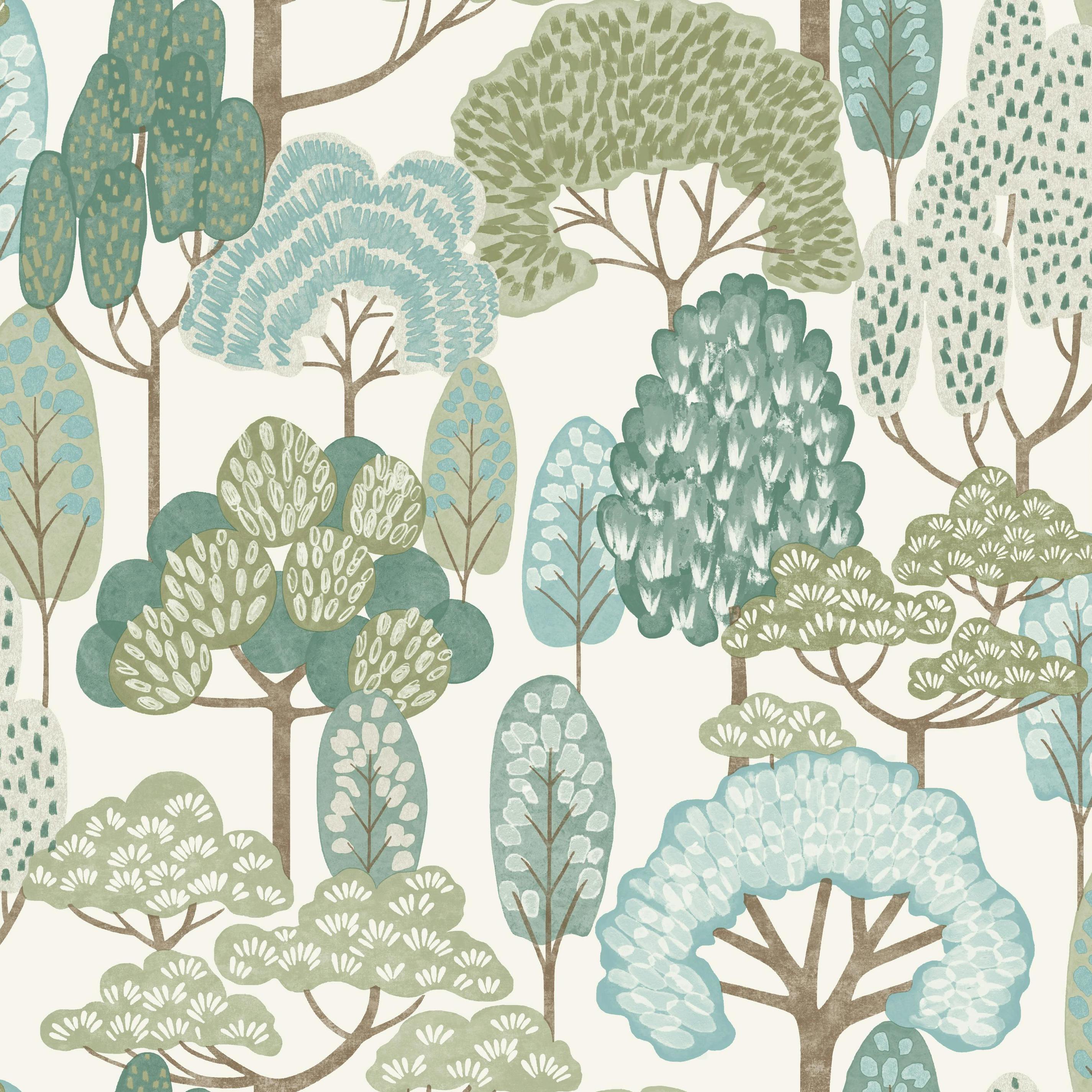 Grandeco Green Happy Trees Brushstroke Nursery Textured Wallpaper, Teal