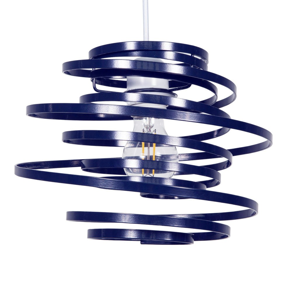 Happy Homewares Blue Contemporary Navy Gloss Metal Double Ribbon Spiral Swirl Pendant Shade