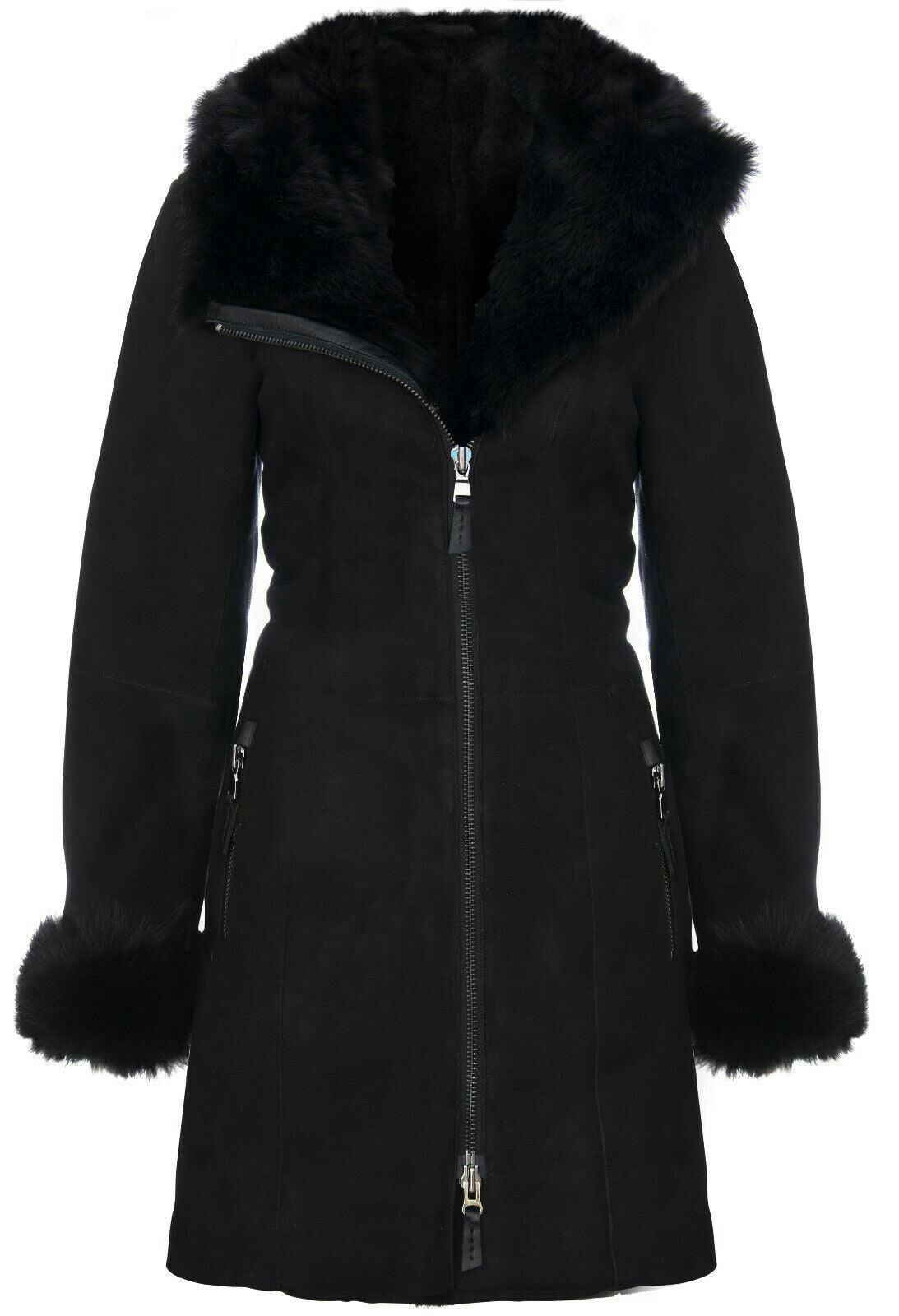 Infinity Leather Women's Black Suede Merino Sheepskin Coat-Samara - Uk M/12 | Eu 38 | Us 8