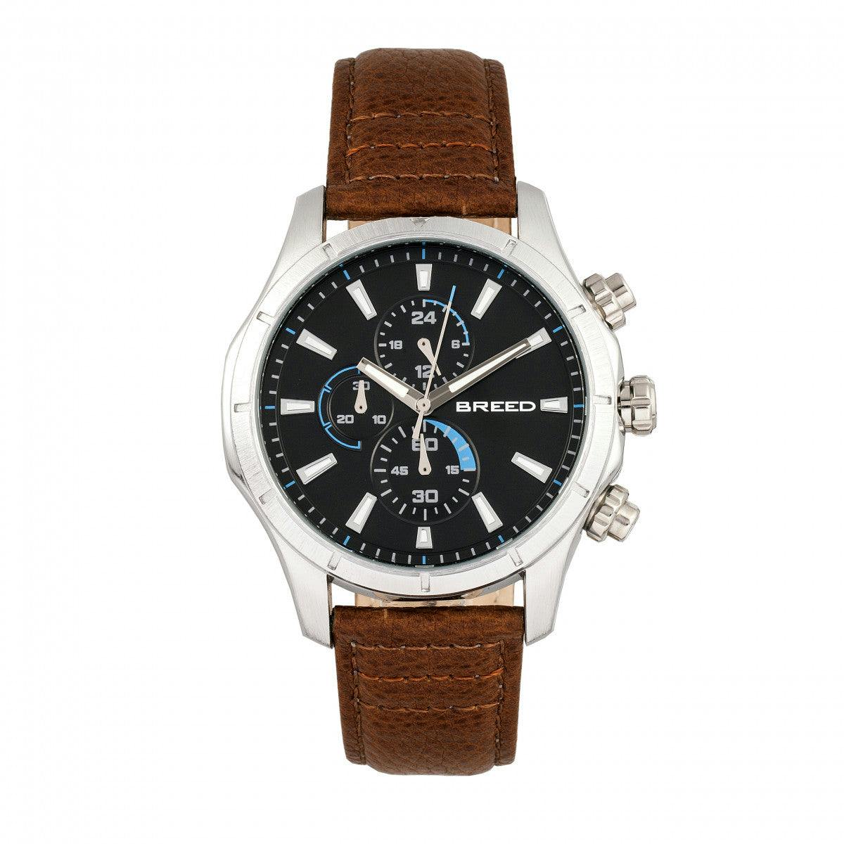 Breed Silver/Brown Lacroix Chronograph Leather-Band Watch