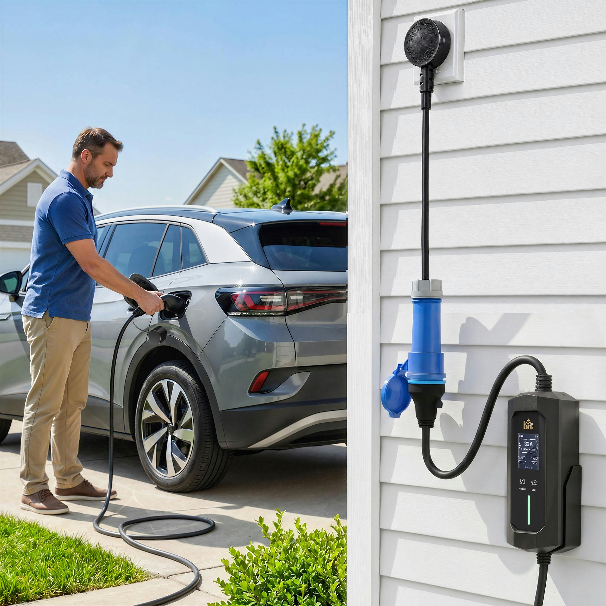 Homcom Ev Charger 7Kw Type 2 To Cee 32A Plug With Uk Adapter, 10 M, 6-32A