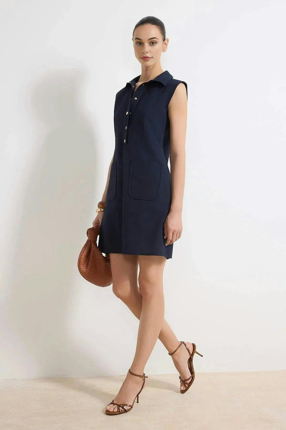 Wovcor Straight Cut Shirt Collar Linen-Look Mini Woven Dress - Navy - 14