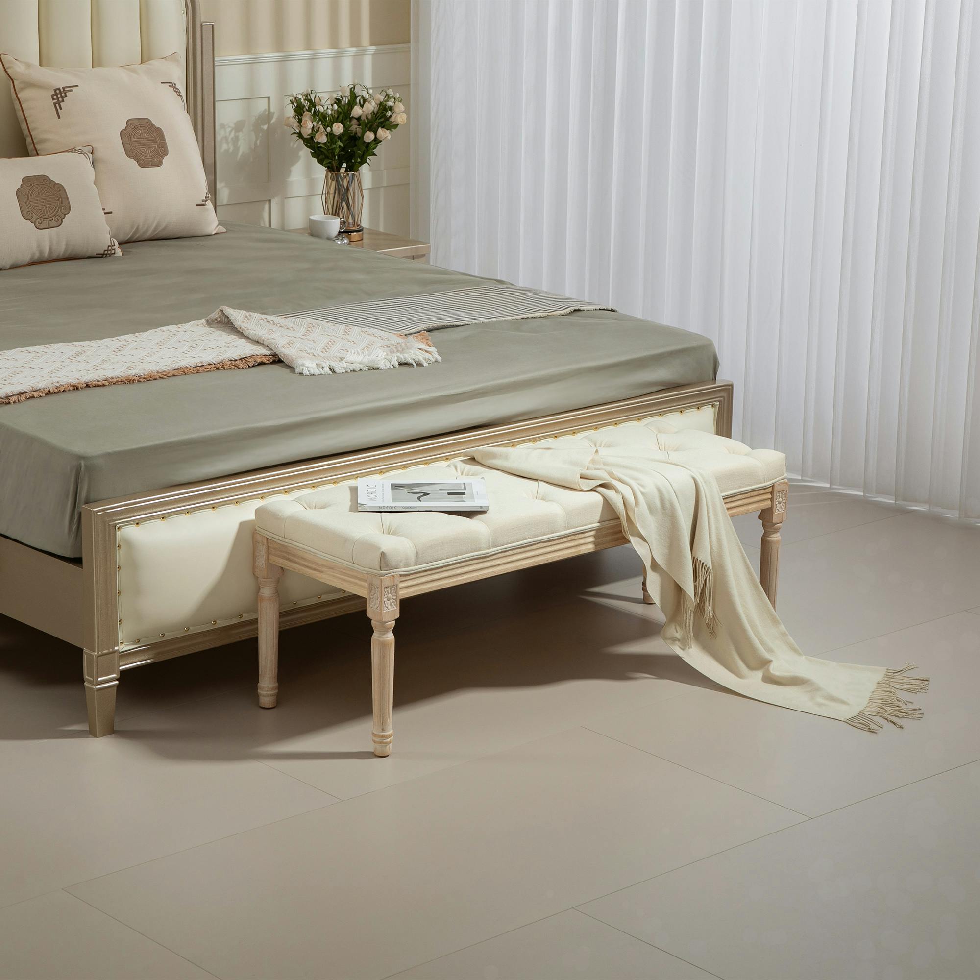End of Bed Bench Upholstered Foot Stool Linen-Touch Ottoman Cream - Image 3