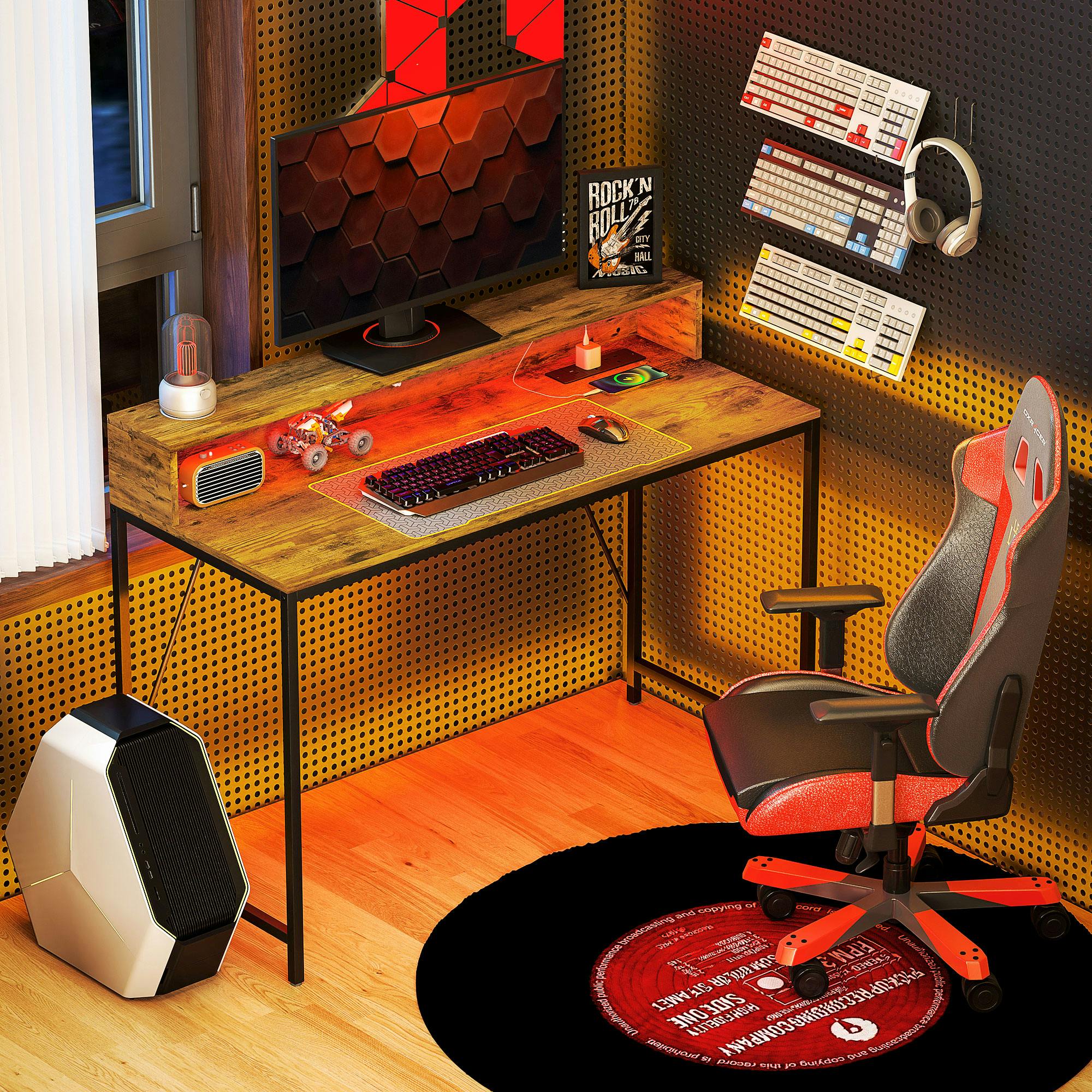 Homcom Computer Desk With Led Lights, Study Table With Shelf