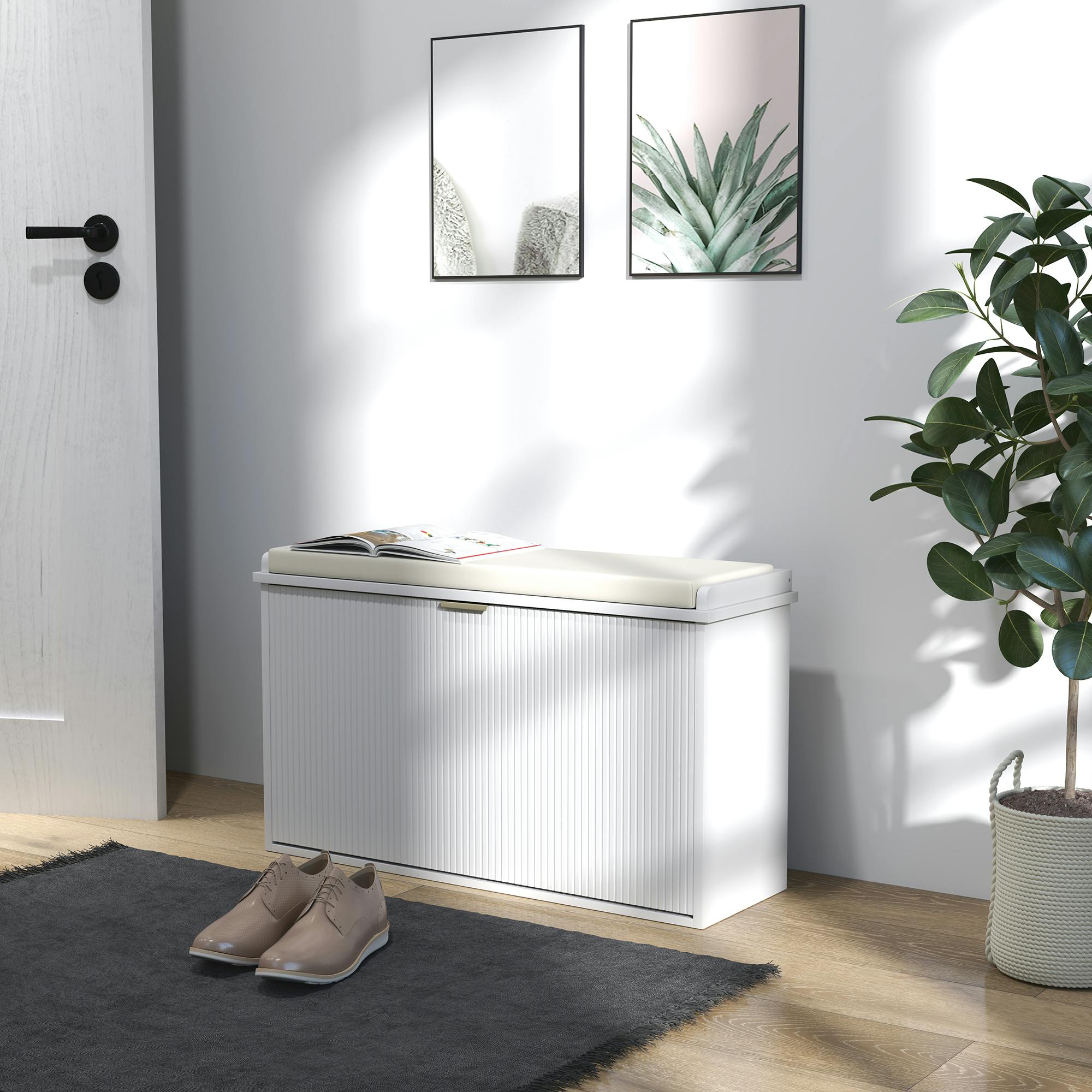 Homcom Green/White/Beige Shoe Storage Bench With Cushion And Flip-Drawer 80X26x47.5cm - Mdf, Particleboard, Polyester, Sponge - 1