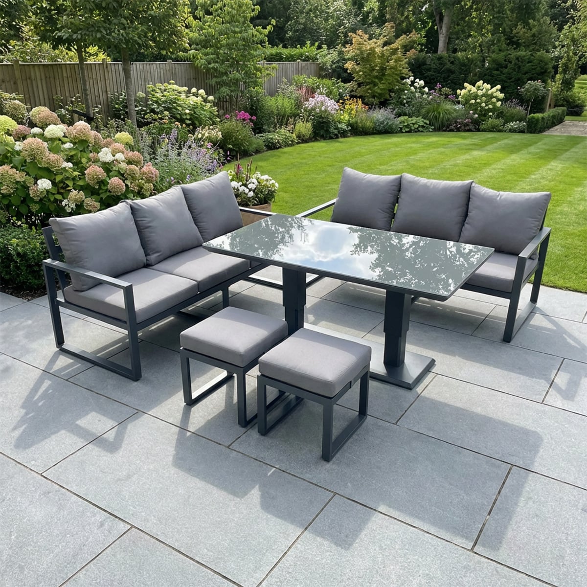 Rackhams Dark/Grey 8 Seater Aluminium Outdoor Garden Furniture Set With Adjustable Rising Dining Table, 2 Sofas, 2 Footstools