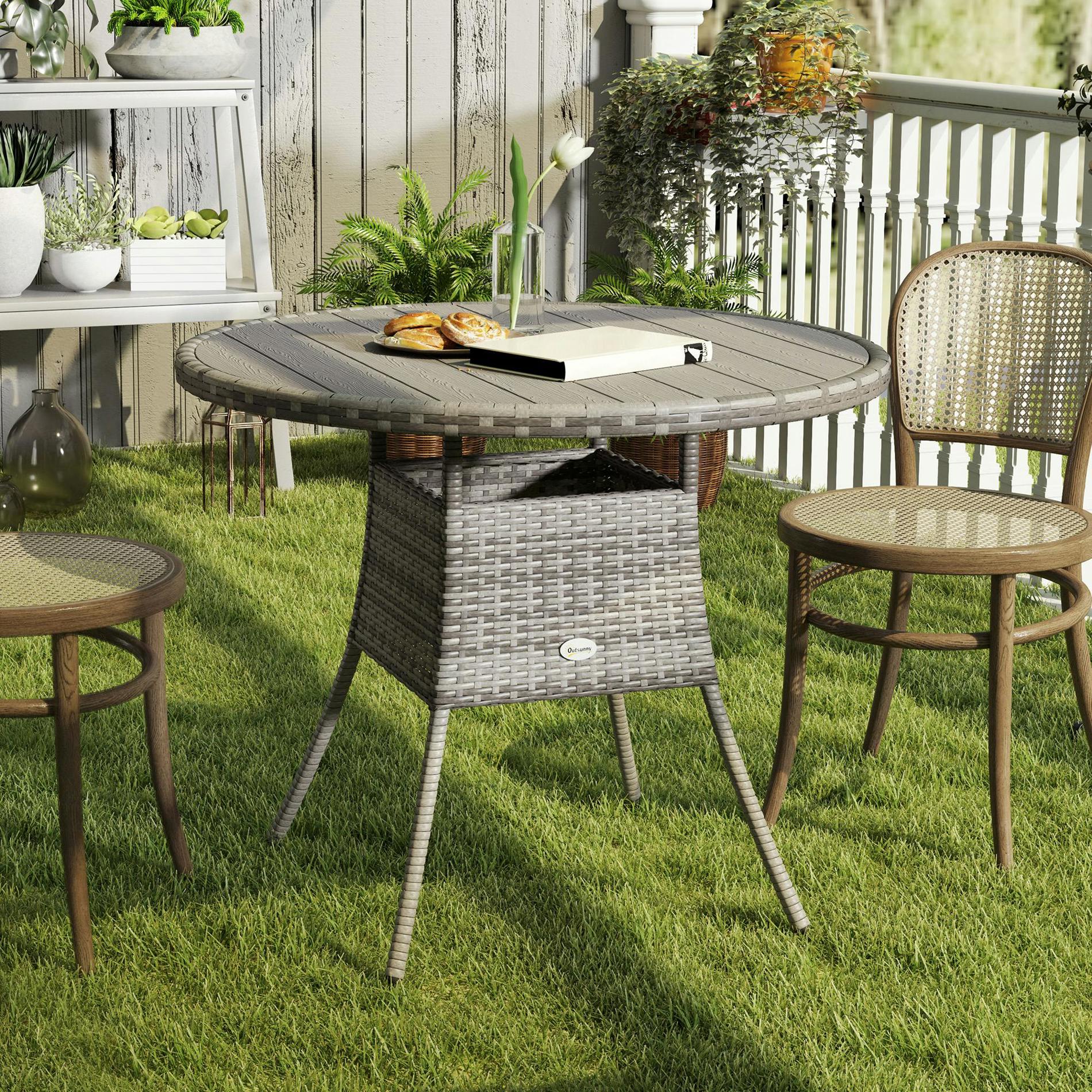 Outsunny Grey Outdoor Pe Rattan Dining Table W/ Wood-Plastic Composite Top, - 73H X 90L X 90Wcm