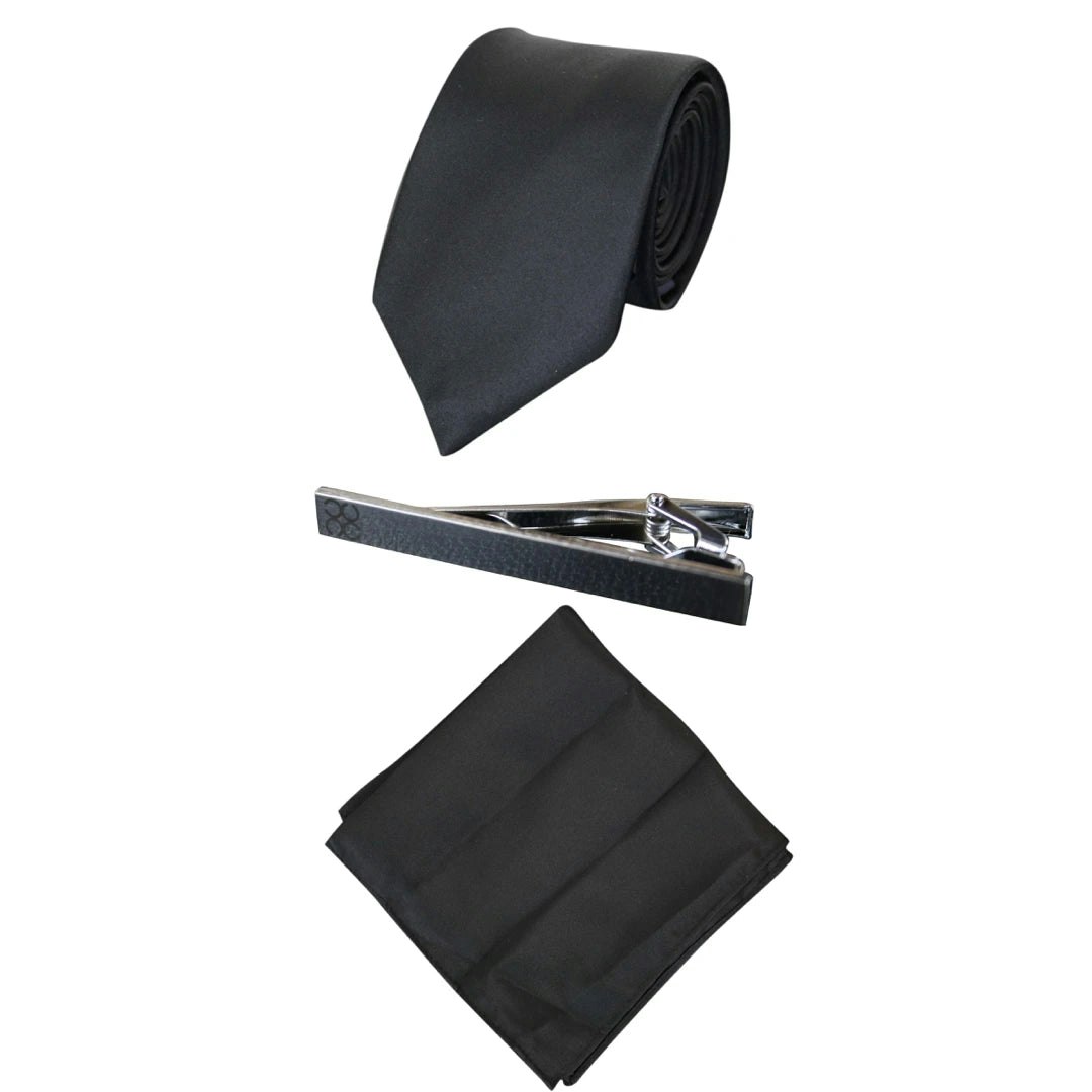 House Of Cavani Men's Black Matching Wedding Satin Silk Tie Hanky & Tie Clip Polka Dot