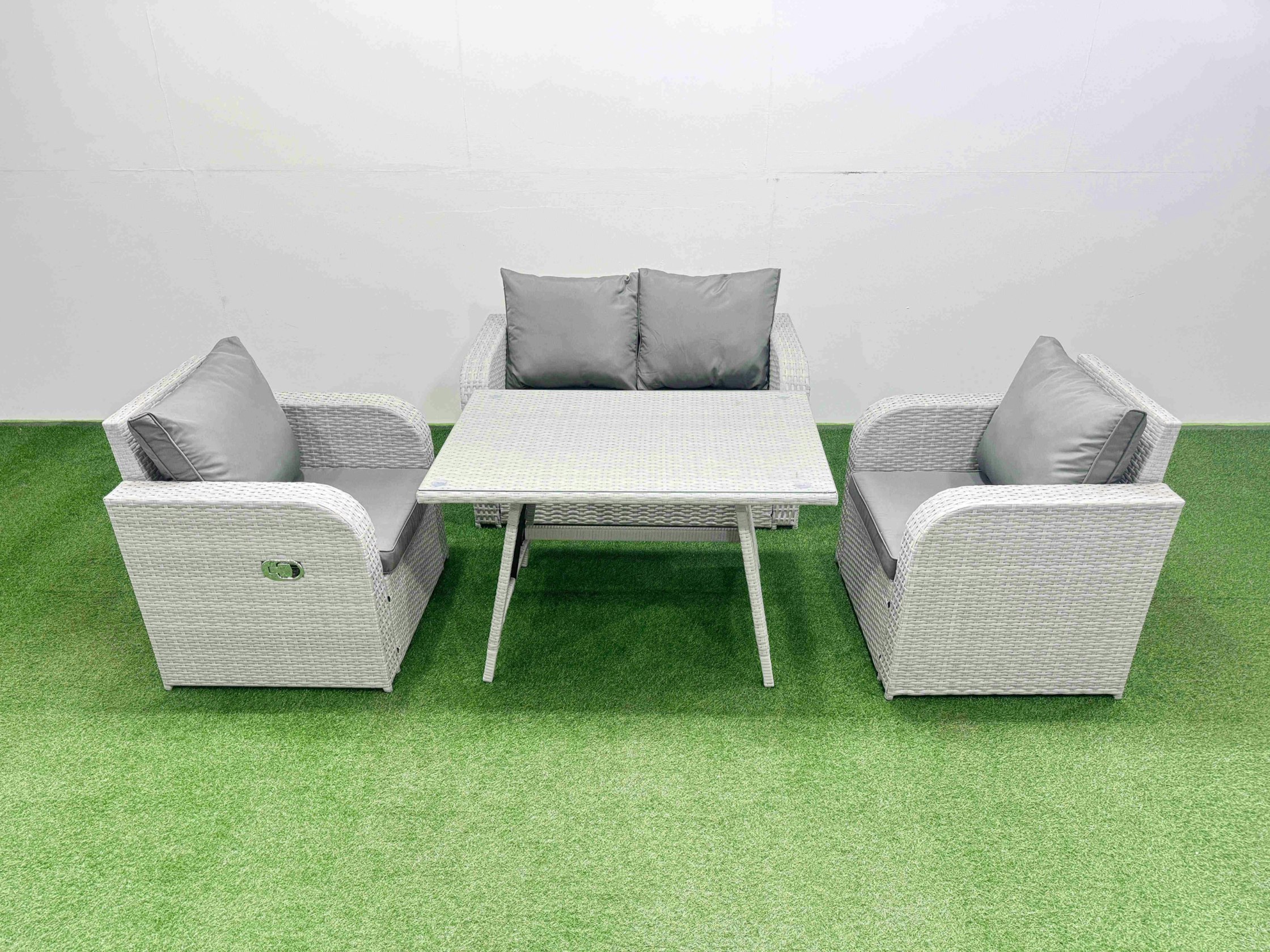 Rackhams Light/Grey Pe Wicker Rattan Garden Furniture Set Sofa Set Reclining Chair Love Sofa Rectangular Dining Table