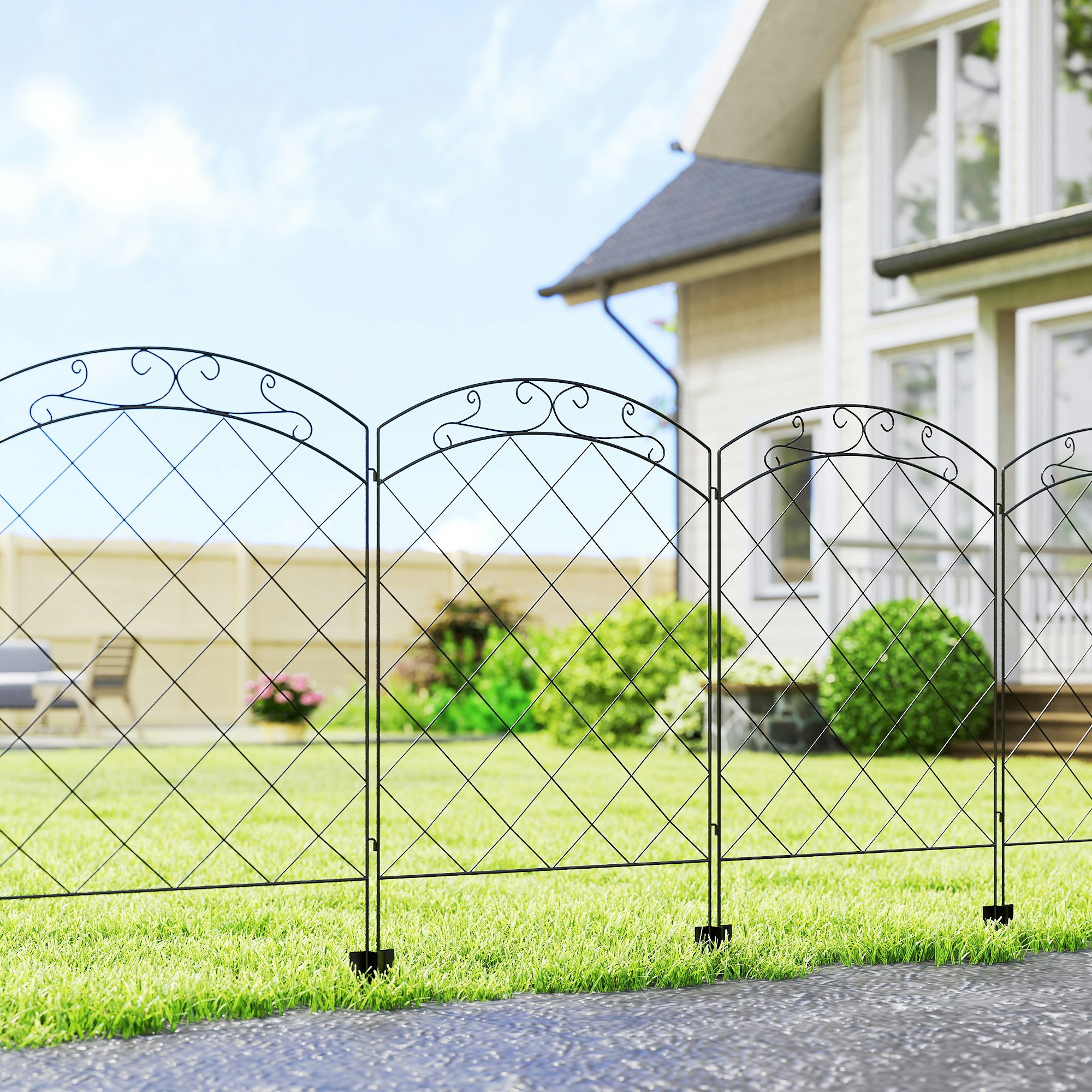 Rackhams Black Steel Decorative Swirls Outdoor Picket Fence Panels Set Of 4,
