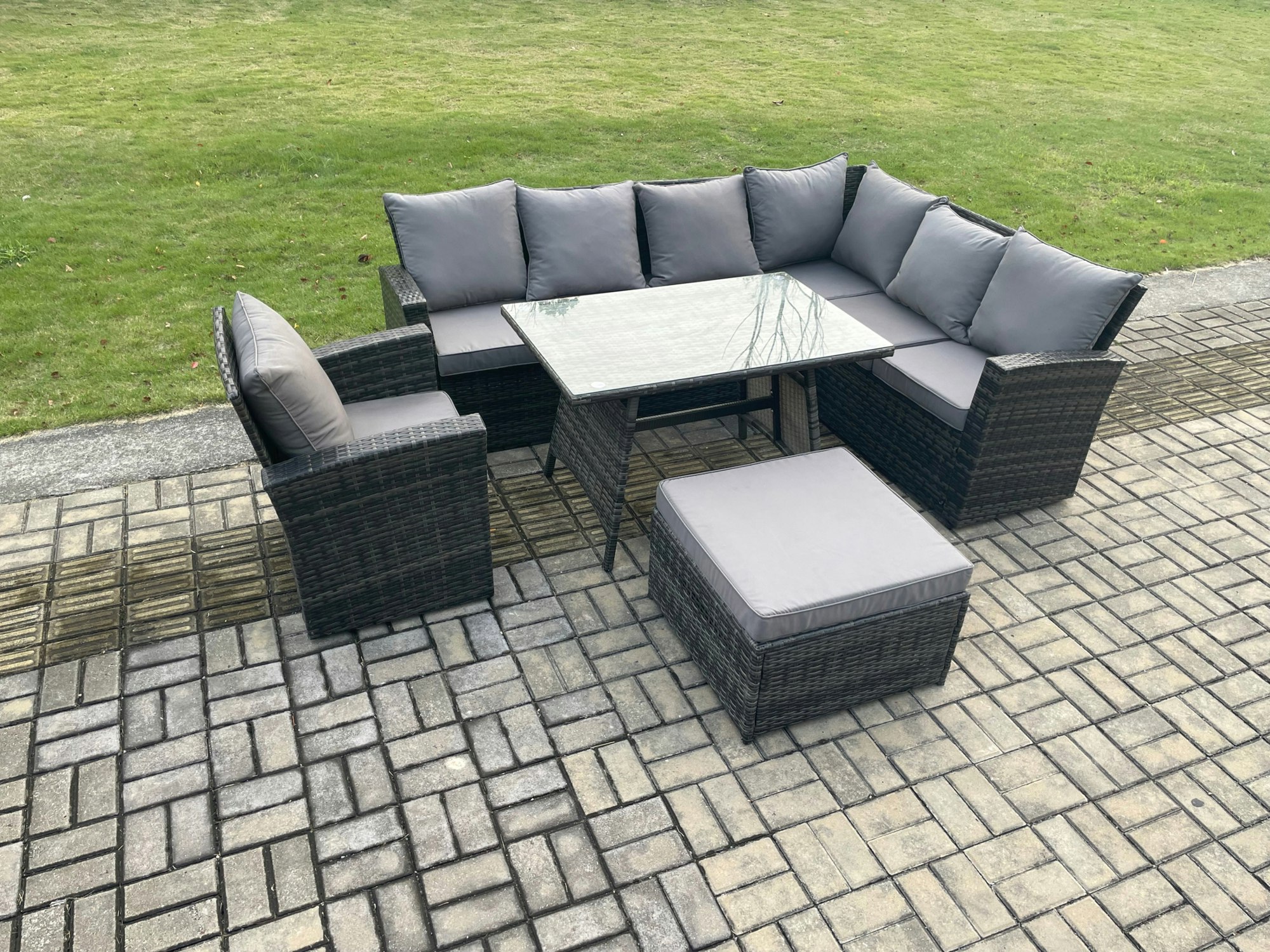 Fimous Dark/Grey High Back Outdoor Garden Furniture Set Rattan Corner Sofa Dining Table Set With Armchair Big Footstool 8 Seater Mixed
