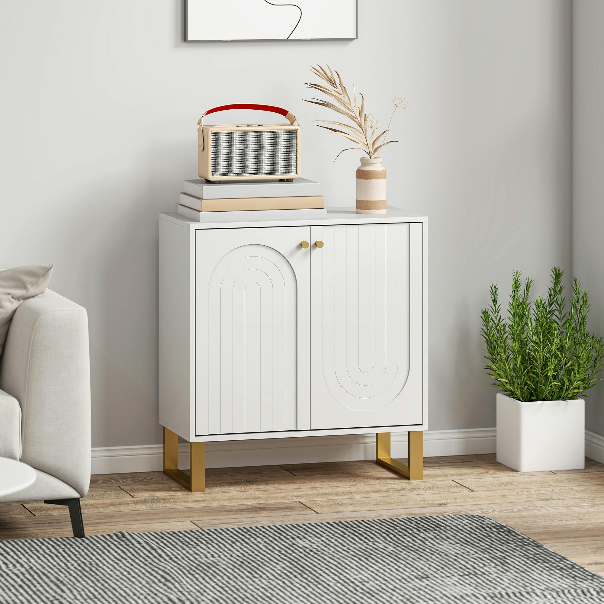 Homcom White Sideboard With Adjustable Shelves & 2 Doors For Living Room, - Matte Gold Accents - Sideboard