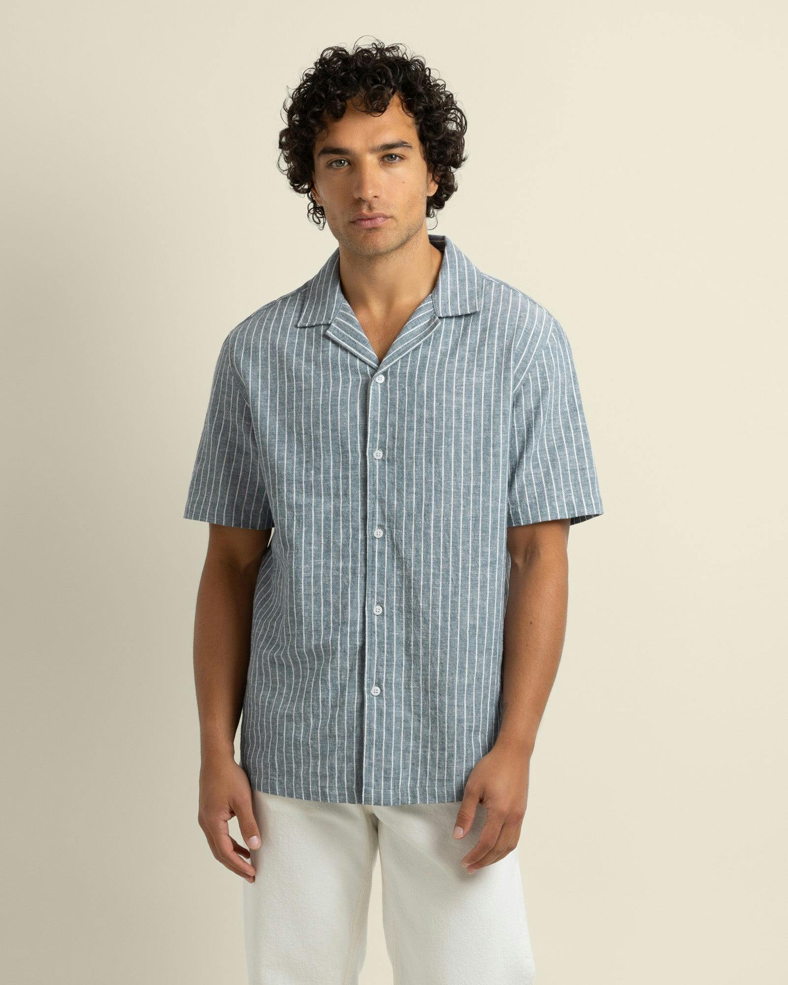 Kare Mens Linen Blend Striped Short Sleeve Shirt - - Image 2