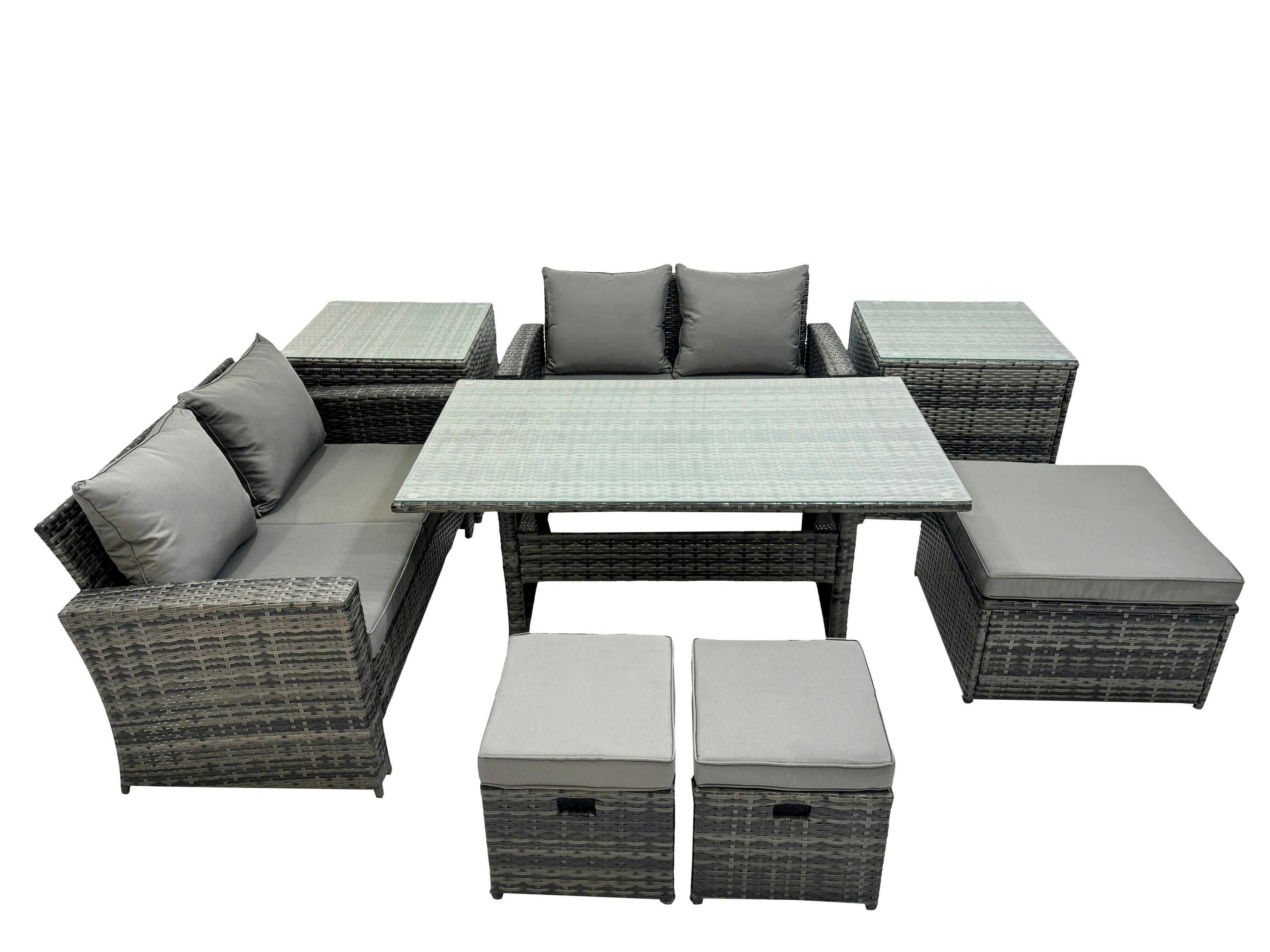 Rackhams Dark/Grey 7 Seater Wicker Pe Rattan Furniture Outdoor Dining Table Double Seat Sofa 2 Side Table 3 Stool Set Mixed