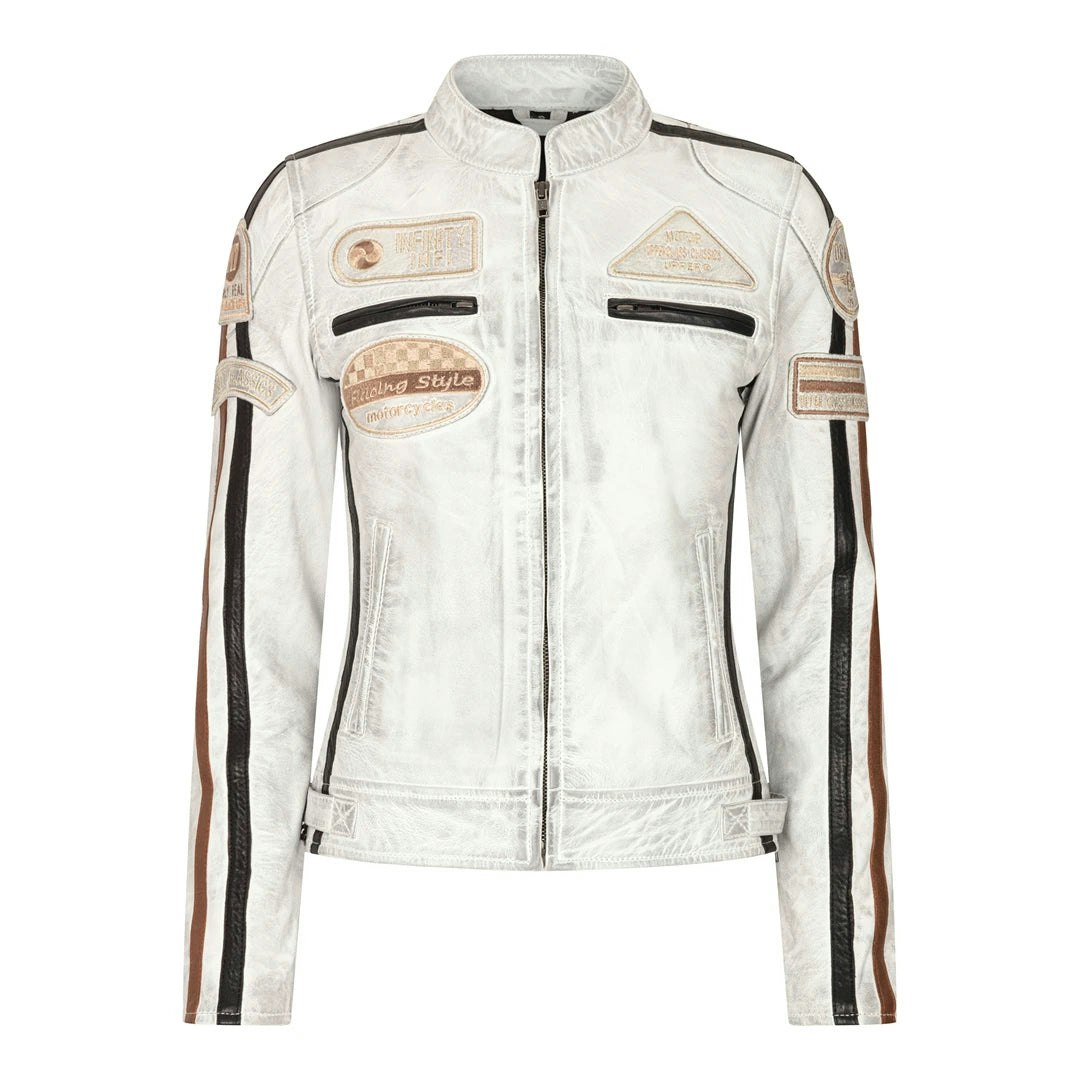 Infinity Leather Women's White Leather Motorcycle Biker Jacket - Uk 16