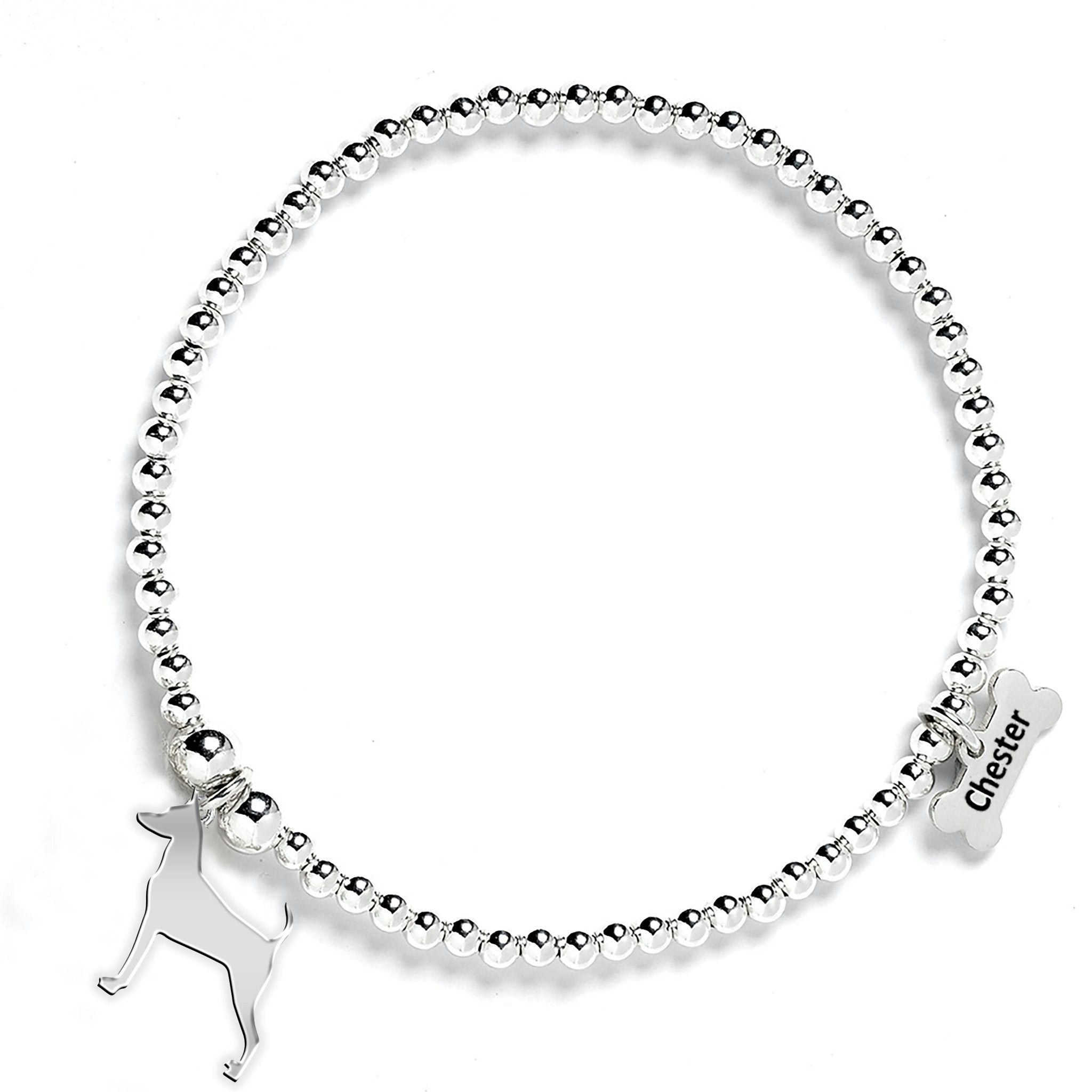 Mylee London Silver Miniature Pinscher Silhouette Ball Bead Bracelet - Personalised - Yes