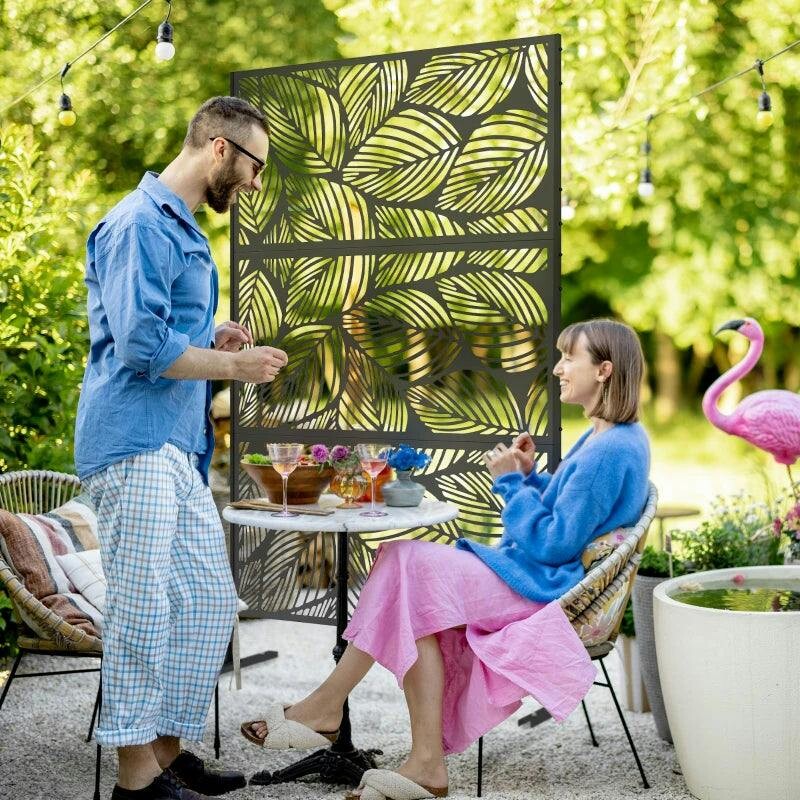 Outsunny 6.5Ft Metal Outdoor Privacy Screen Panel W/ Stand, Leaf Style - Image 6