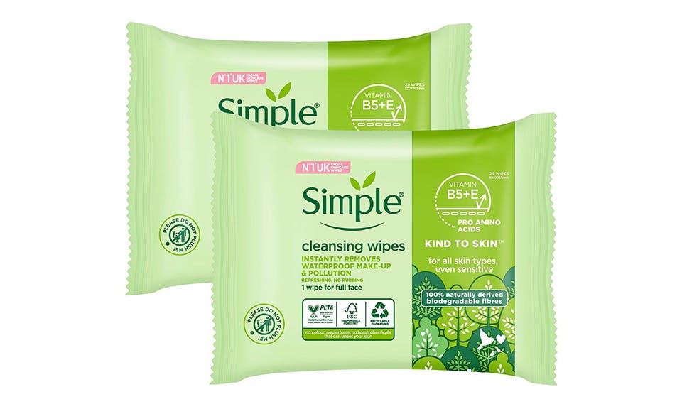 Simple Kind To Skin Cleansing Biodegradable Facial Wipes 25Pcs - 2 Pack