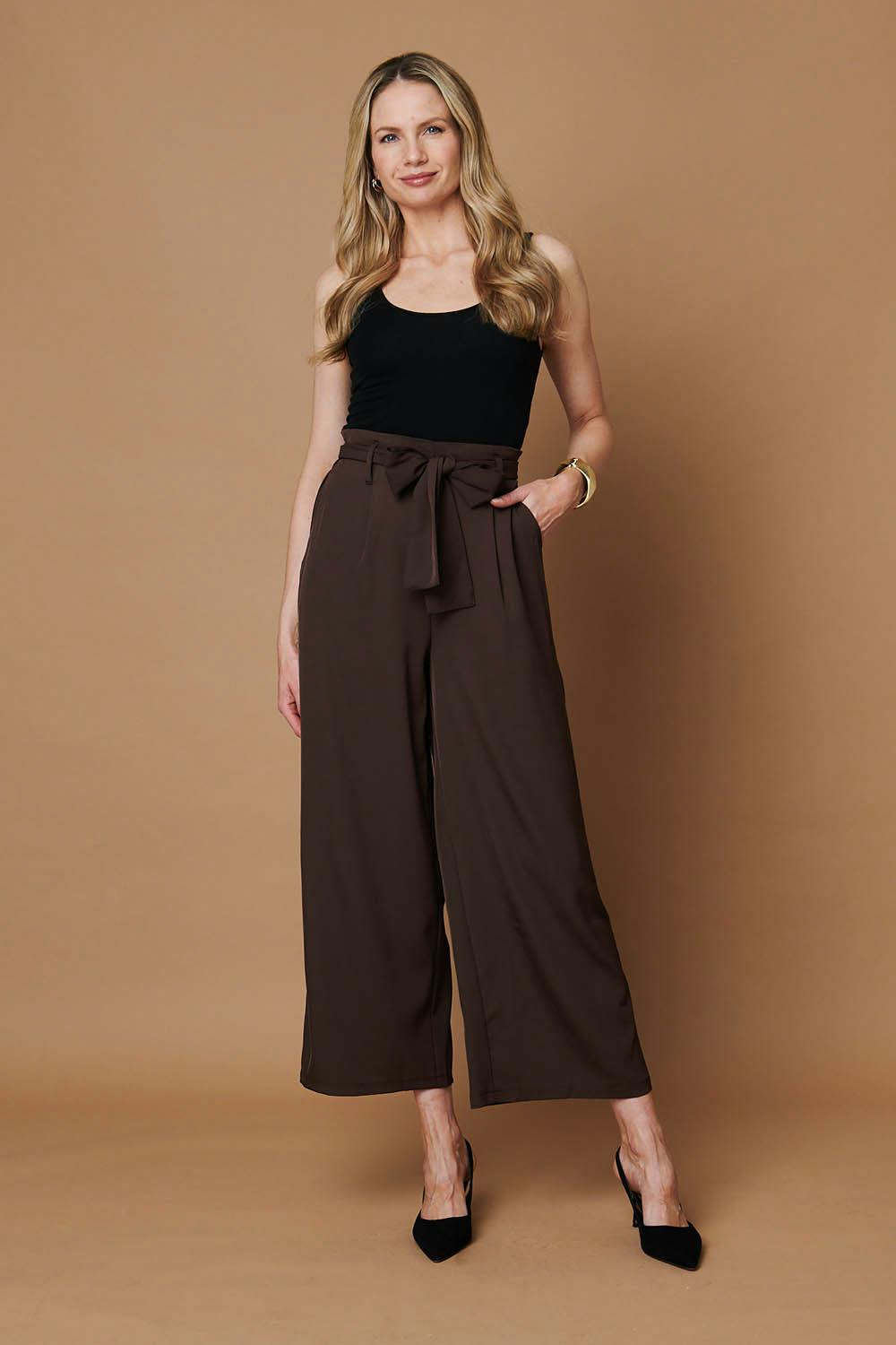 Izabel London Brown Tie Front High Waist Wide Leg Trousers - 8