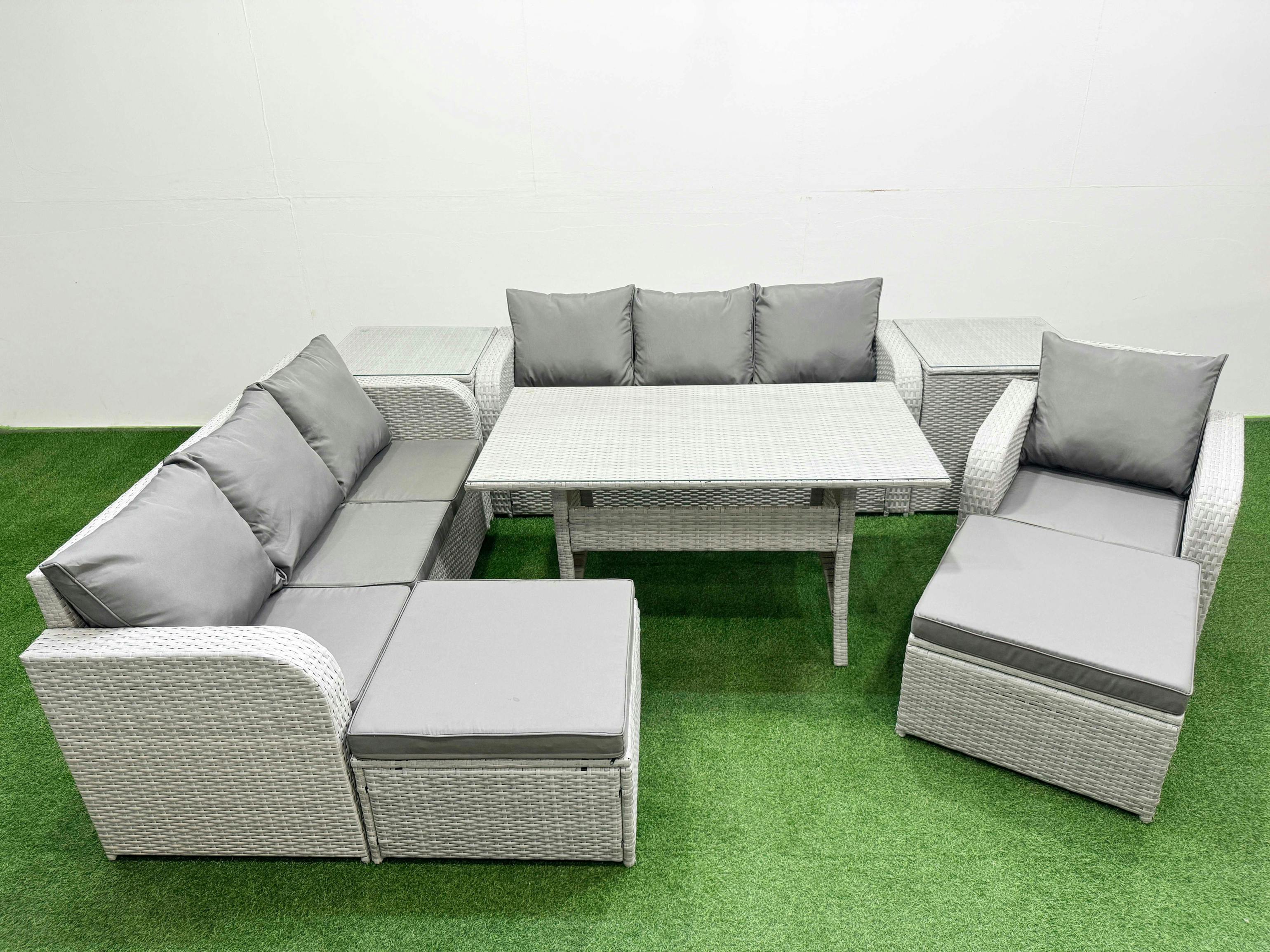Fimous Light/Grey 9 Seater Rattan Garden Furniture Set With Dining Table, 2 Sofas, 1 Reclining Chair, 2 Footstools & 2 Side Tables