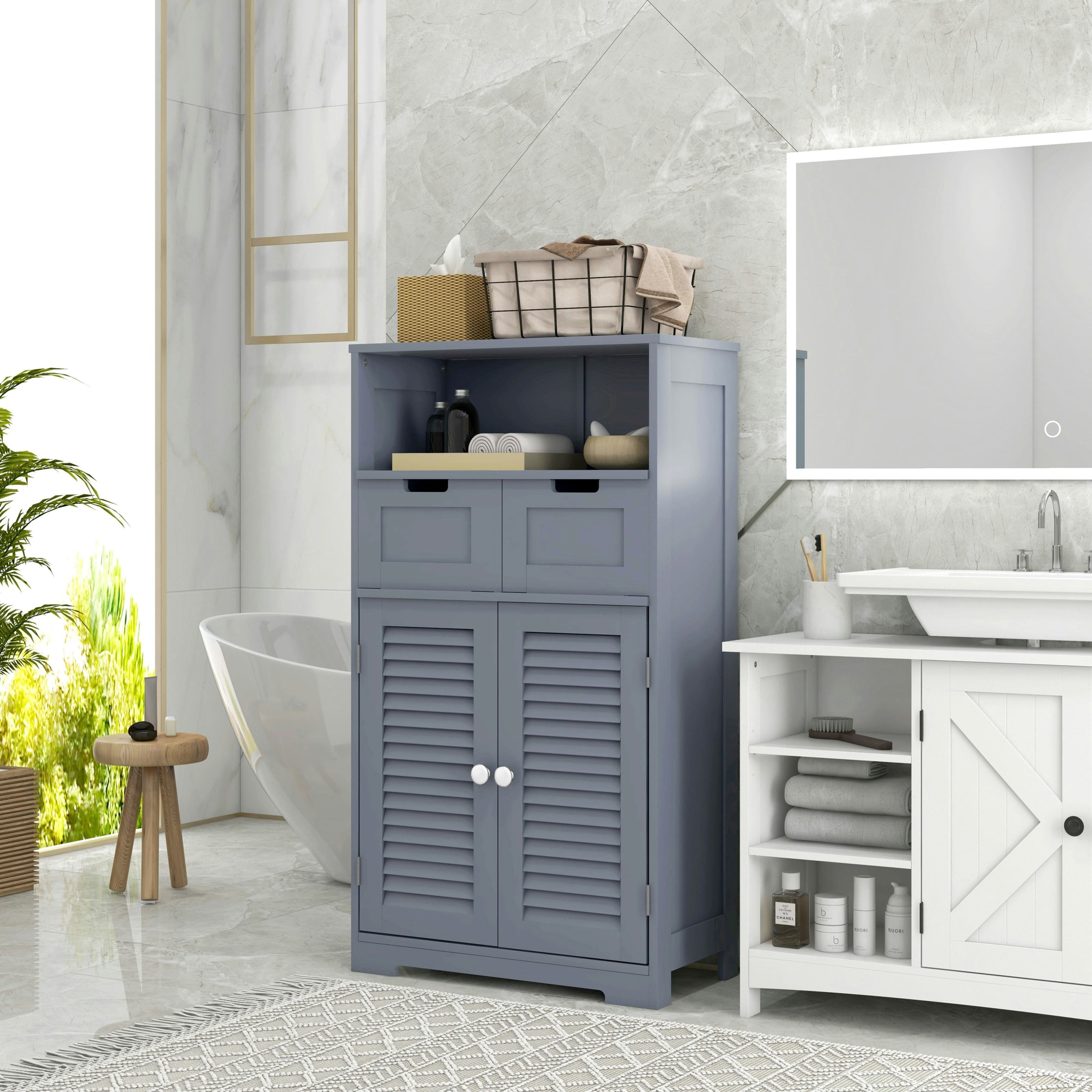 Rackhams Grey Free Standing Bathroom Storage Cabinet With Louvred Doors, 2 Drawers,