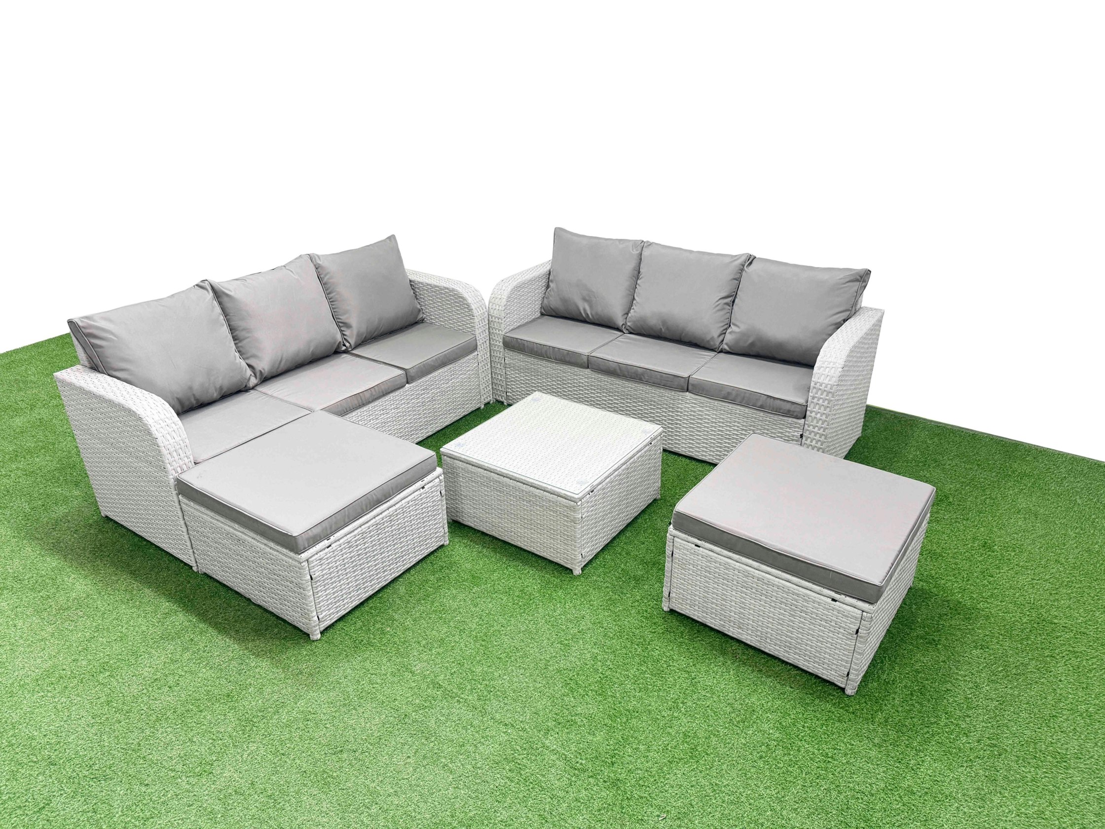 Rackhams Light/Grey Outdoor Garden Furniture Sets 8 Seater Rattan Furniture Sofa Sets With Square Coffee Table High Back Lounge Sofa 2 Big Footstool