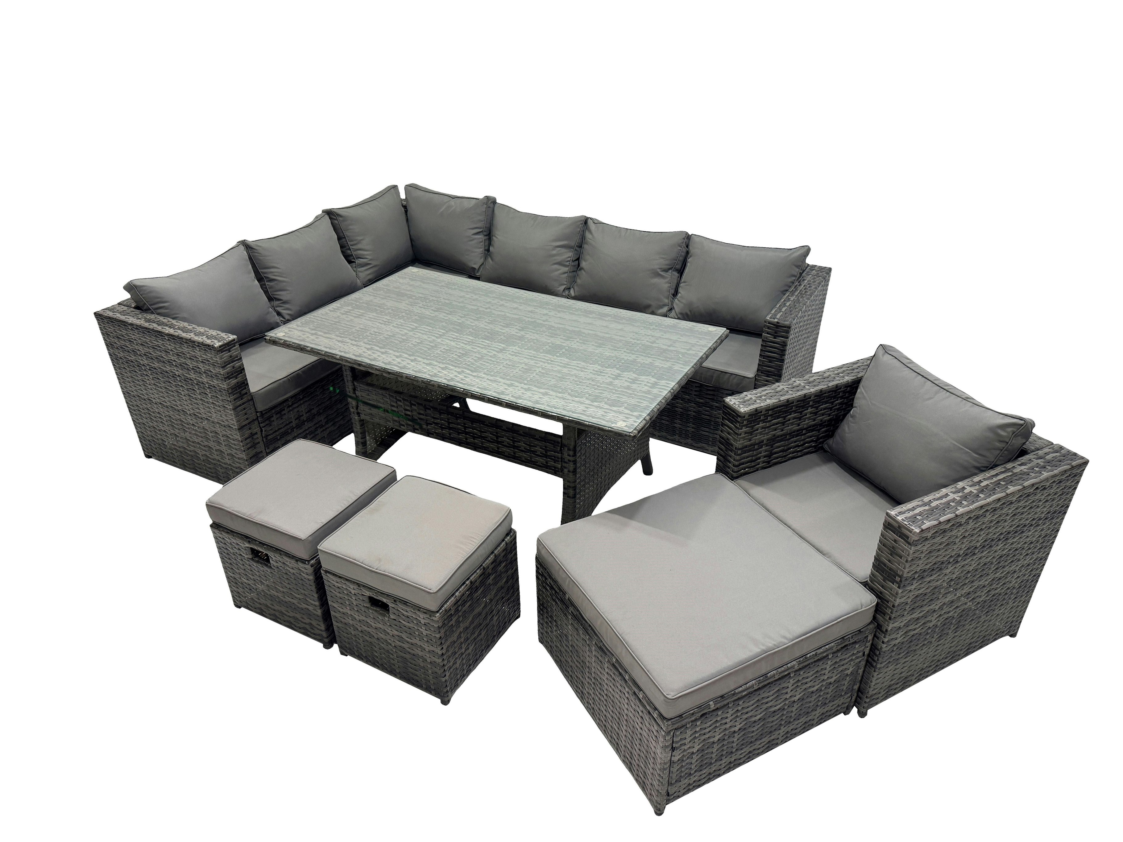 Rackhams Dark/Grey Outdoor Pe Rattan Sofa Set With Dining Table Patio Garden Furniture Sets With Chair 3 Stool Mixed