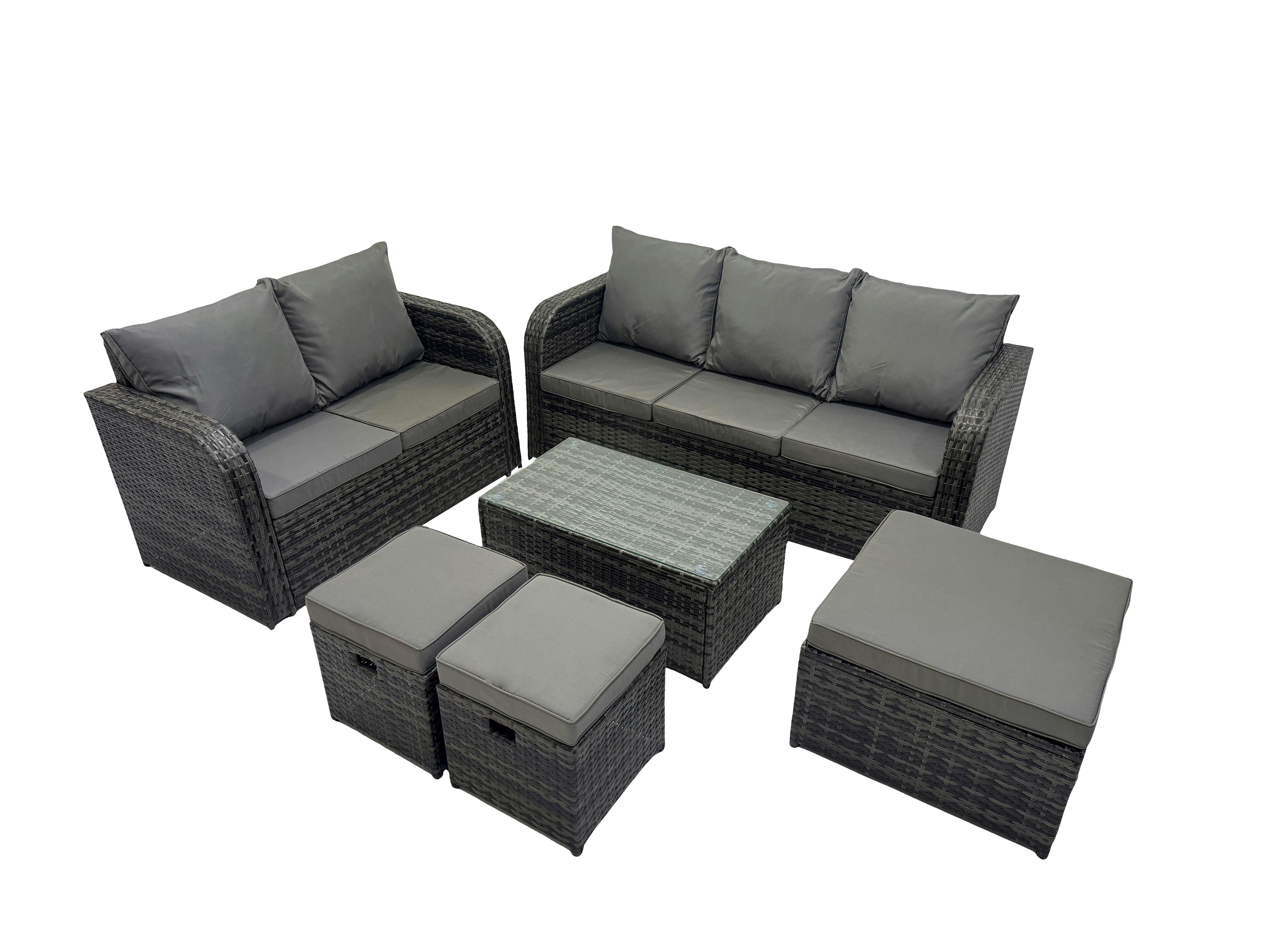 Rackhams Dark/Grey Outdoor Love Sofa 3 Seater Sofa Coffee Table Set Garden Rattan Furniture Set 8 Seater With 3 Stools