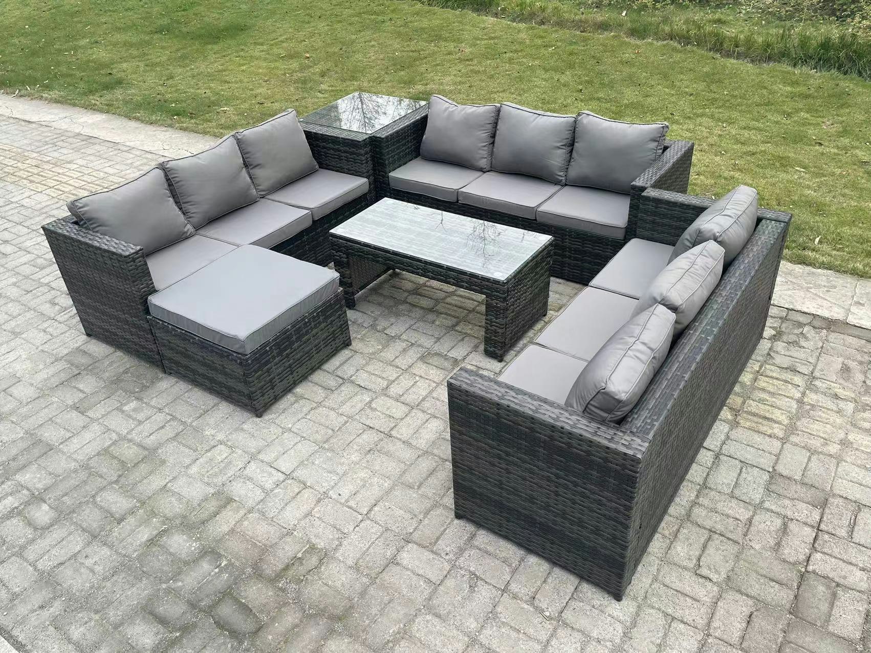 Rackhams Dark/Grey Outdoor Rattan Garden Furniture Lounge Sofa Set With Oblong Rectagular Coffee Table Big Footstool And Side Table