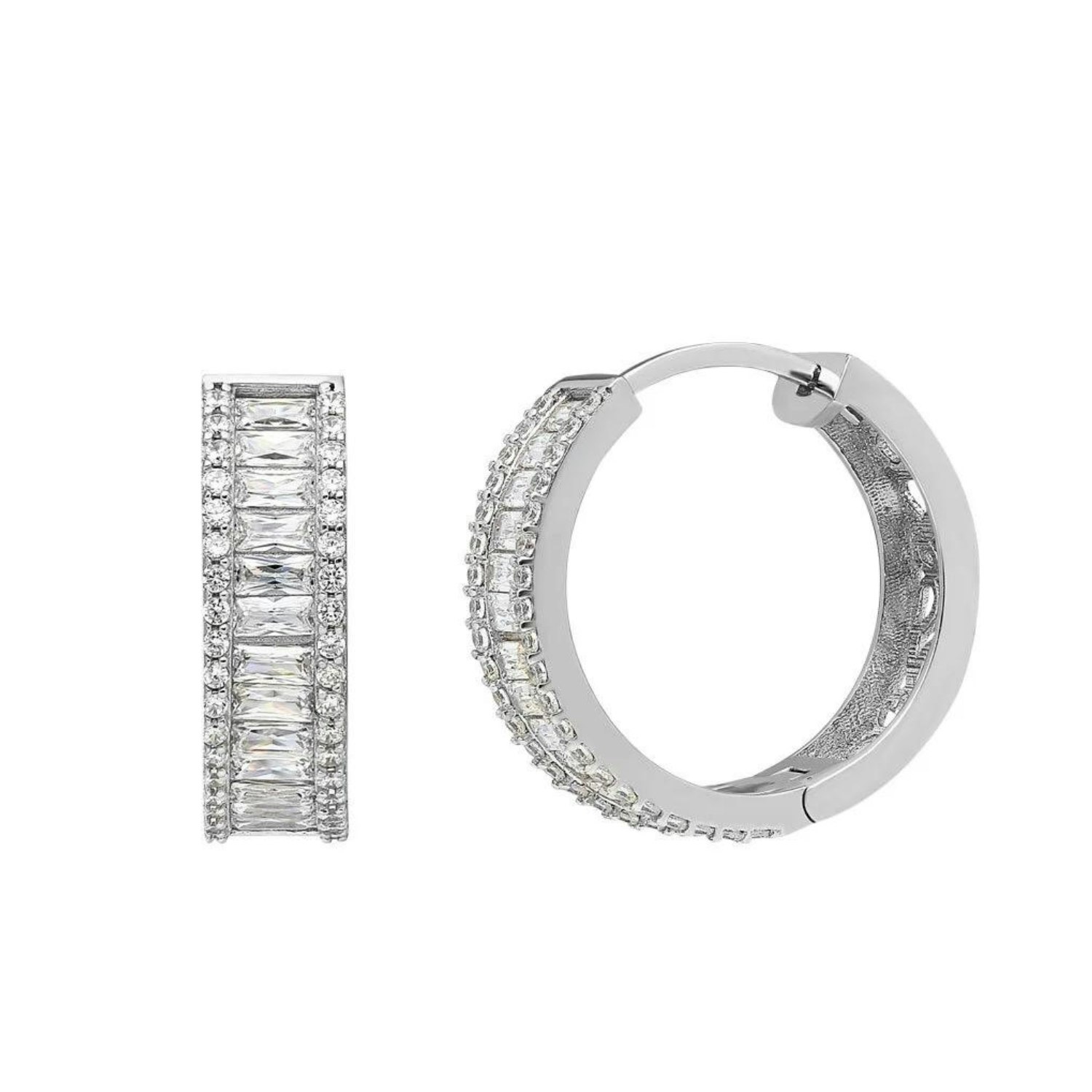 Spero London Silver Baguette Cubic Zirconia Sterling Pave Hoop Earrings