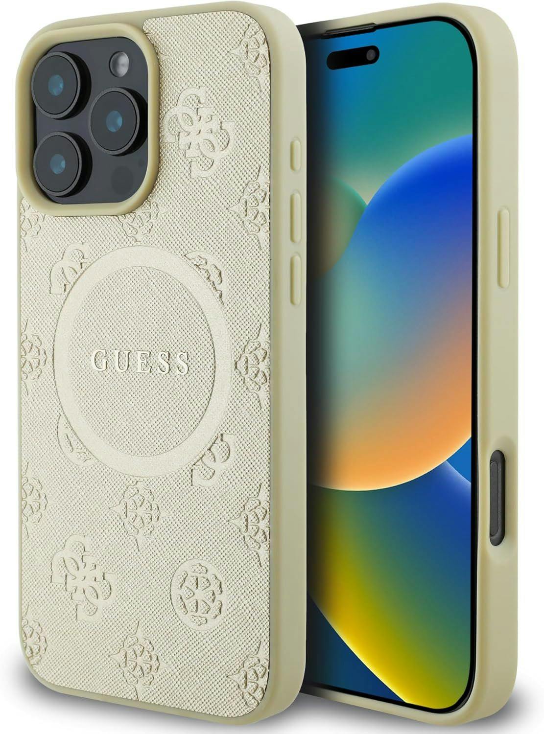 Guess Gold Leather Saffiano Peony Classic Logo Hardcase With Magsafe For Iphone 16 Pro Max 6.9" - Guhmp16xpsapsmed