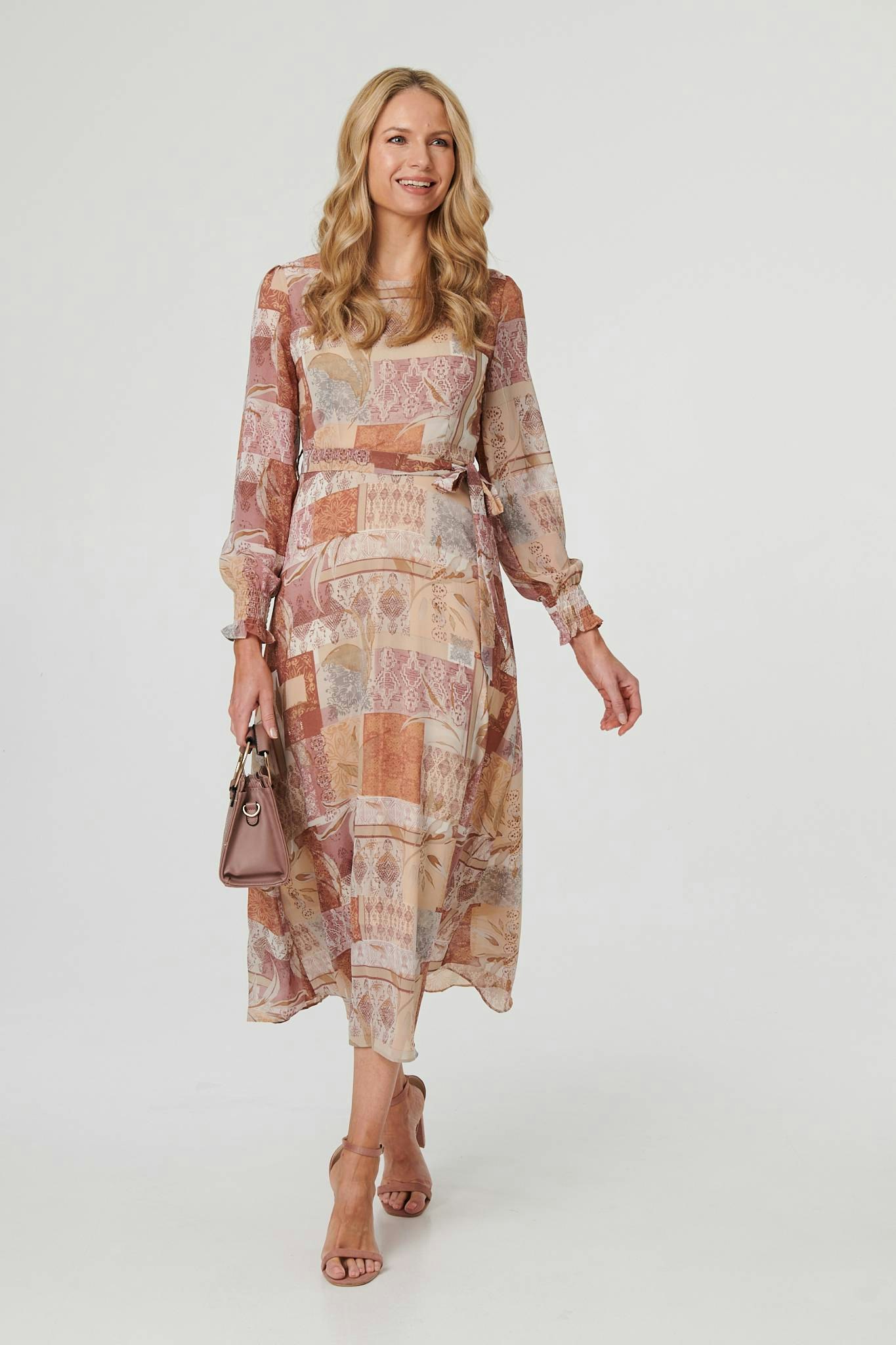 Izabel London Light Patchwork Tie Long Sleeve Maxi Dress - 12 - Rust