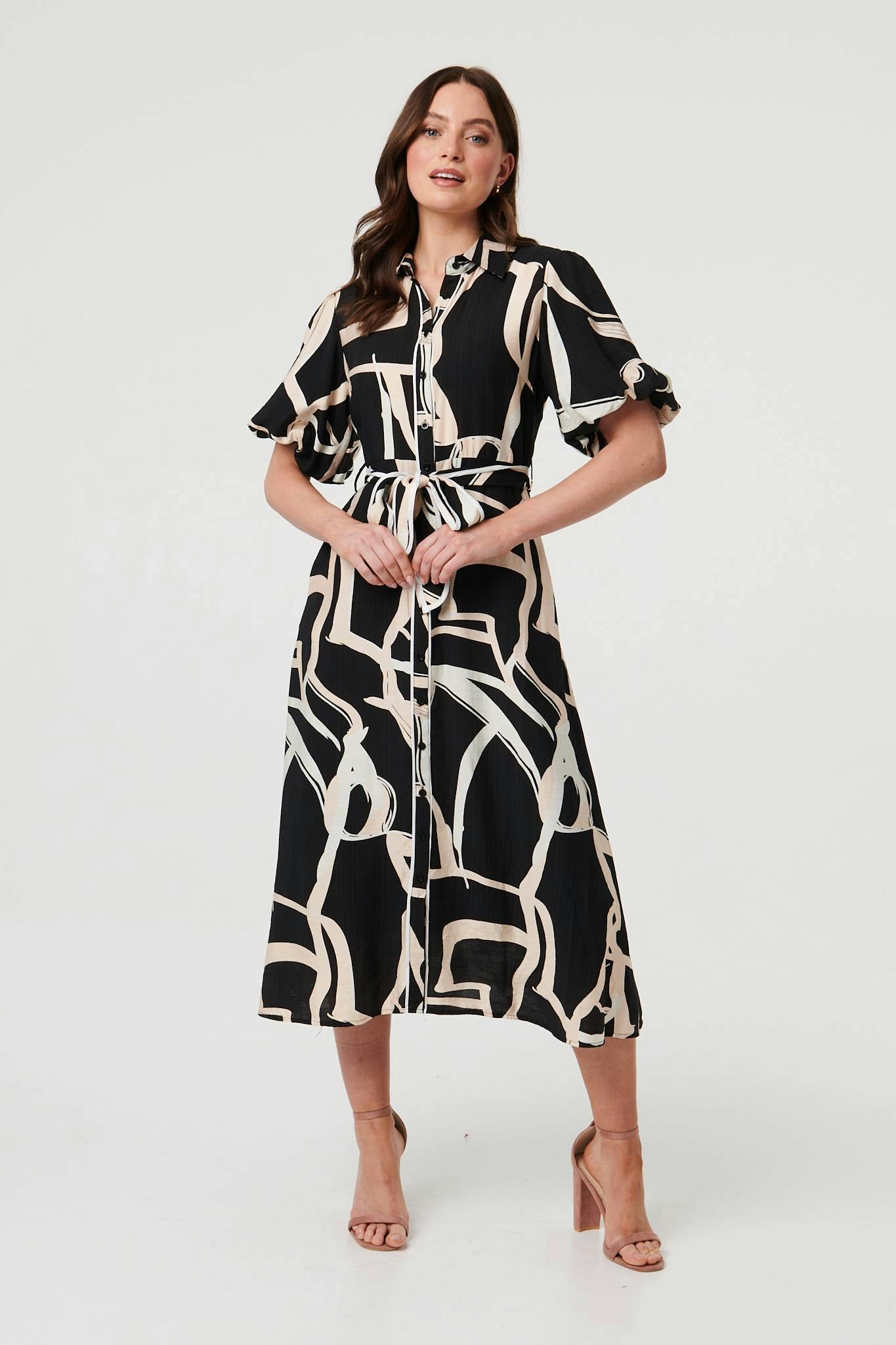 Izabel London Black Geo Print Puff Sleeve Tie Midi Dress - 10
