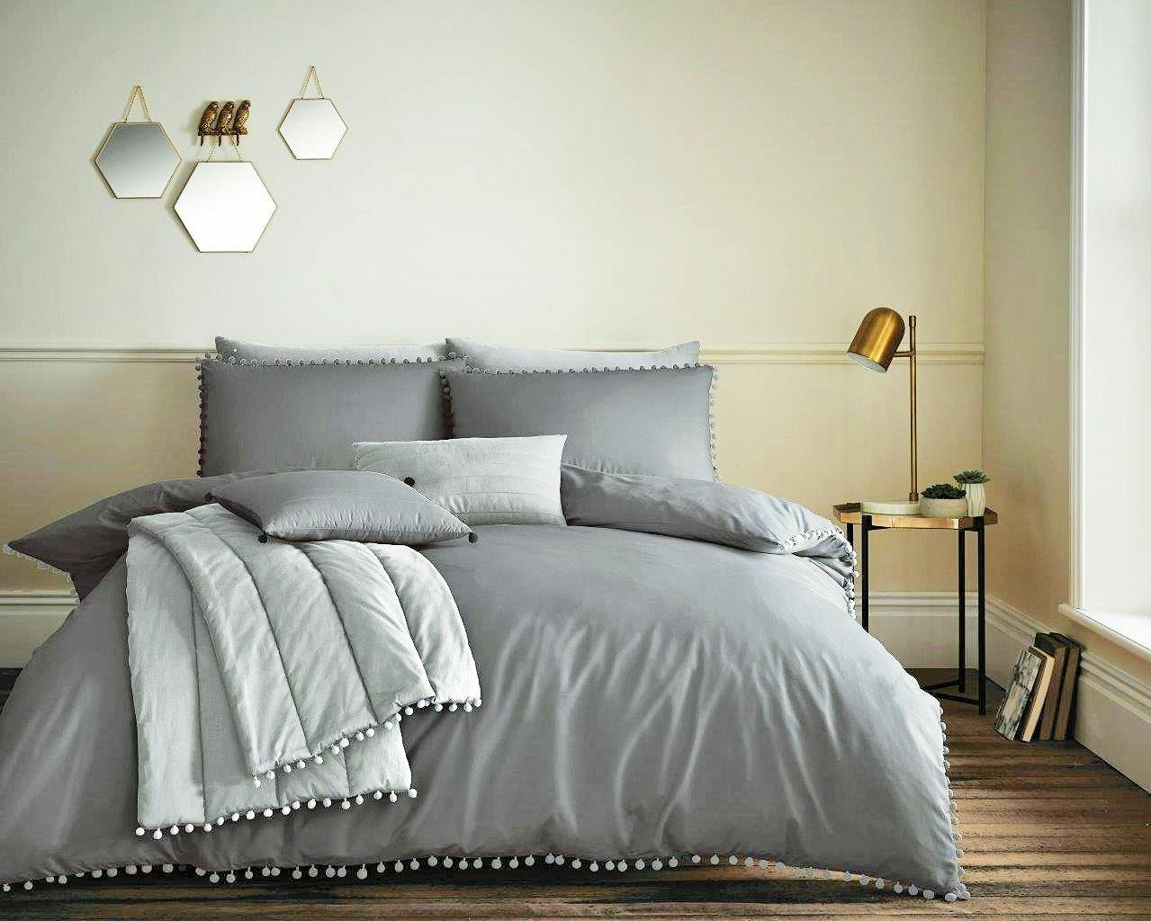 Rackhams Pom Pom Duvet Cover And Pillowcase Set - Charcoal - King (220Cm X 235Cm)