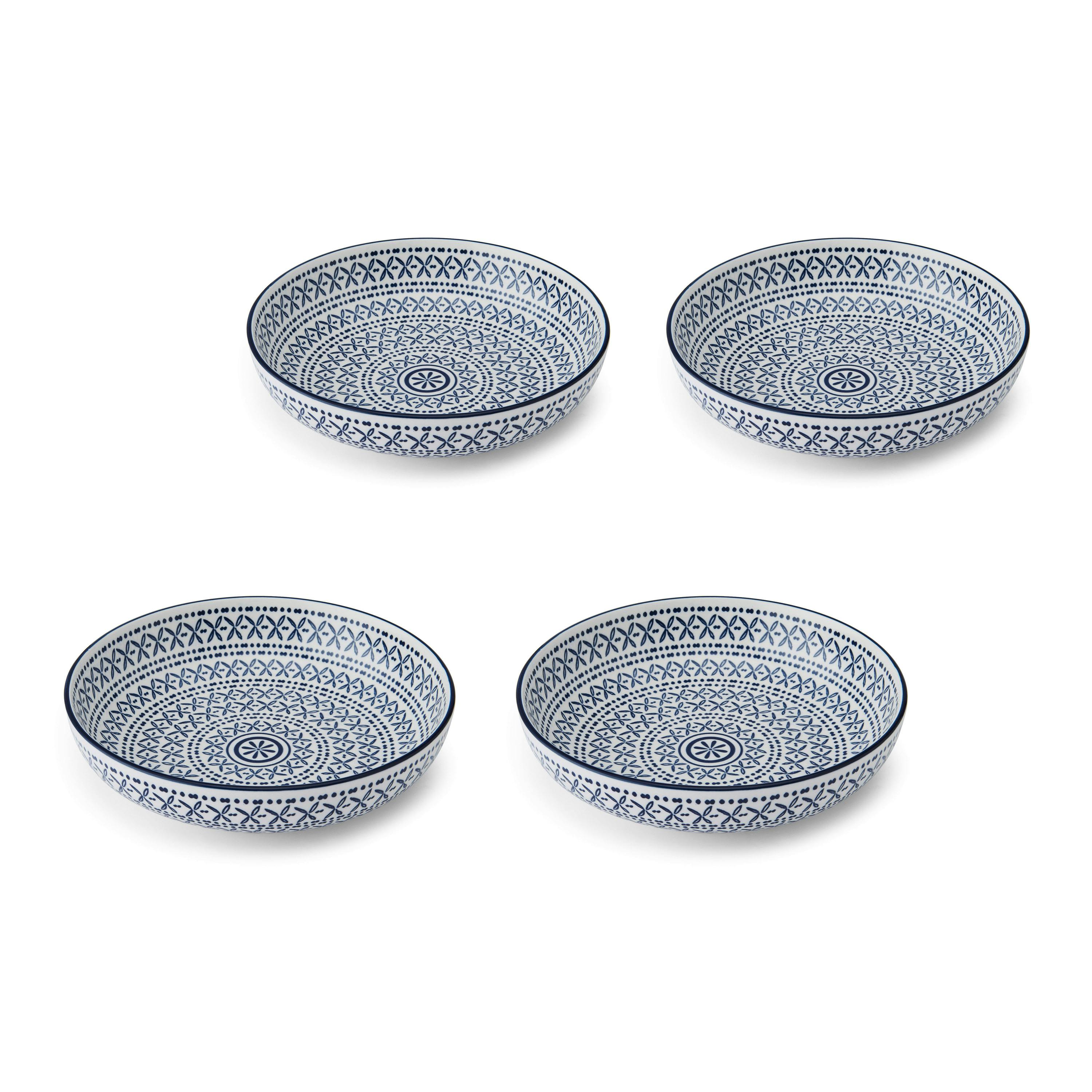 Rackhams Blue Mediterranean Stoneware Bowl Set, Set Of 4 Coupe Bowls For Dining, Multi-Purpose Shallow Serving Dishes, 900Ml, 21 X 5Cm - Stoneware - Bowls